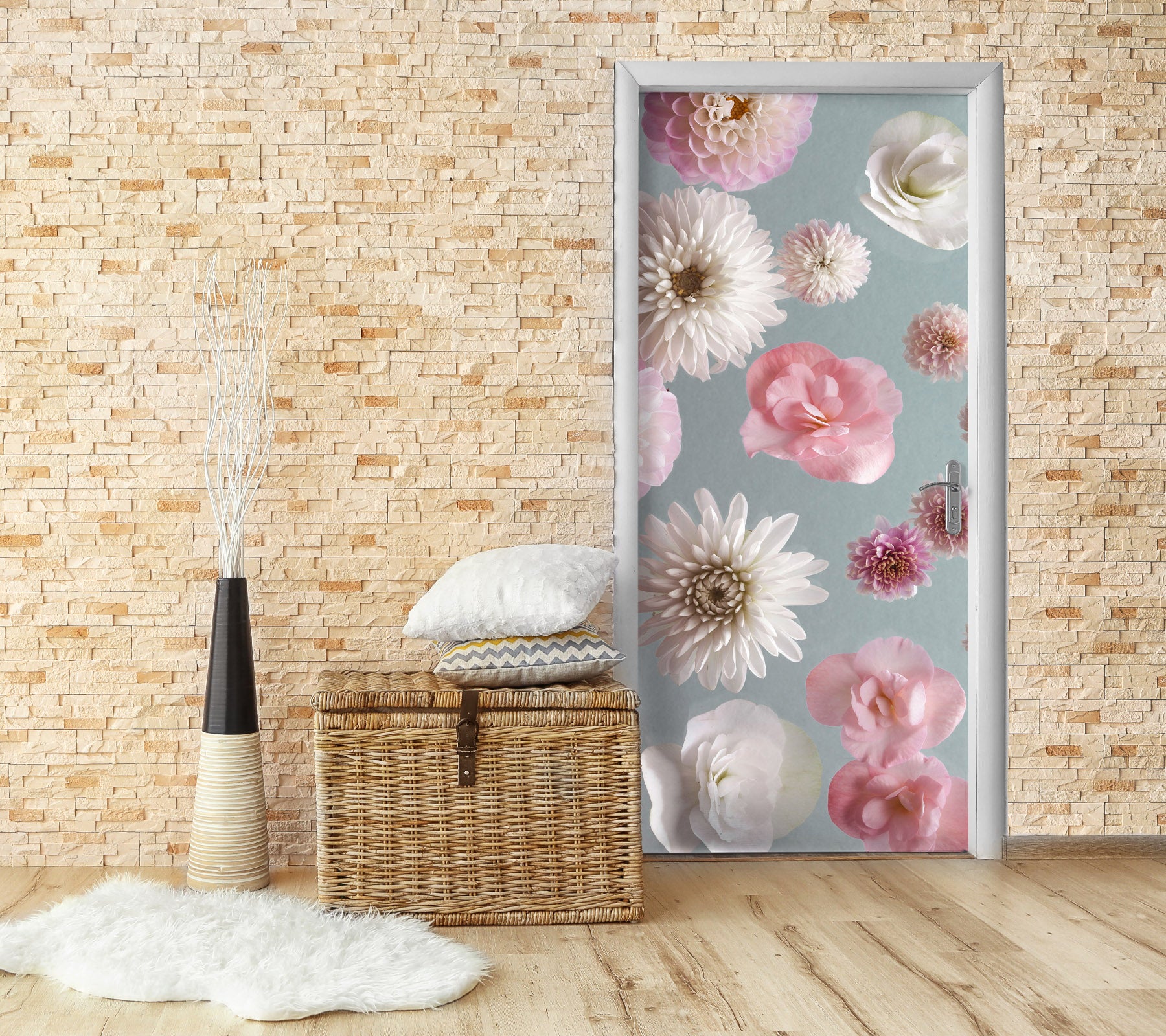 3D White Pink Flowers 101137 Assaf Frank Door Mural