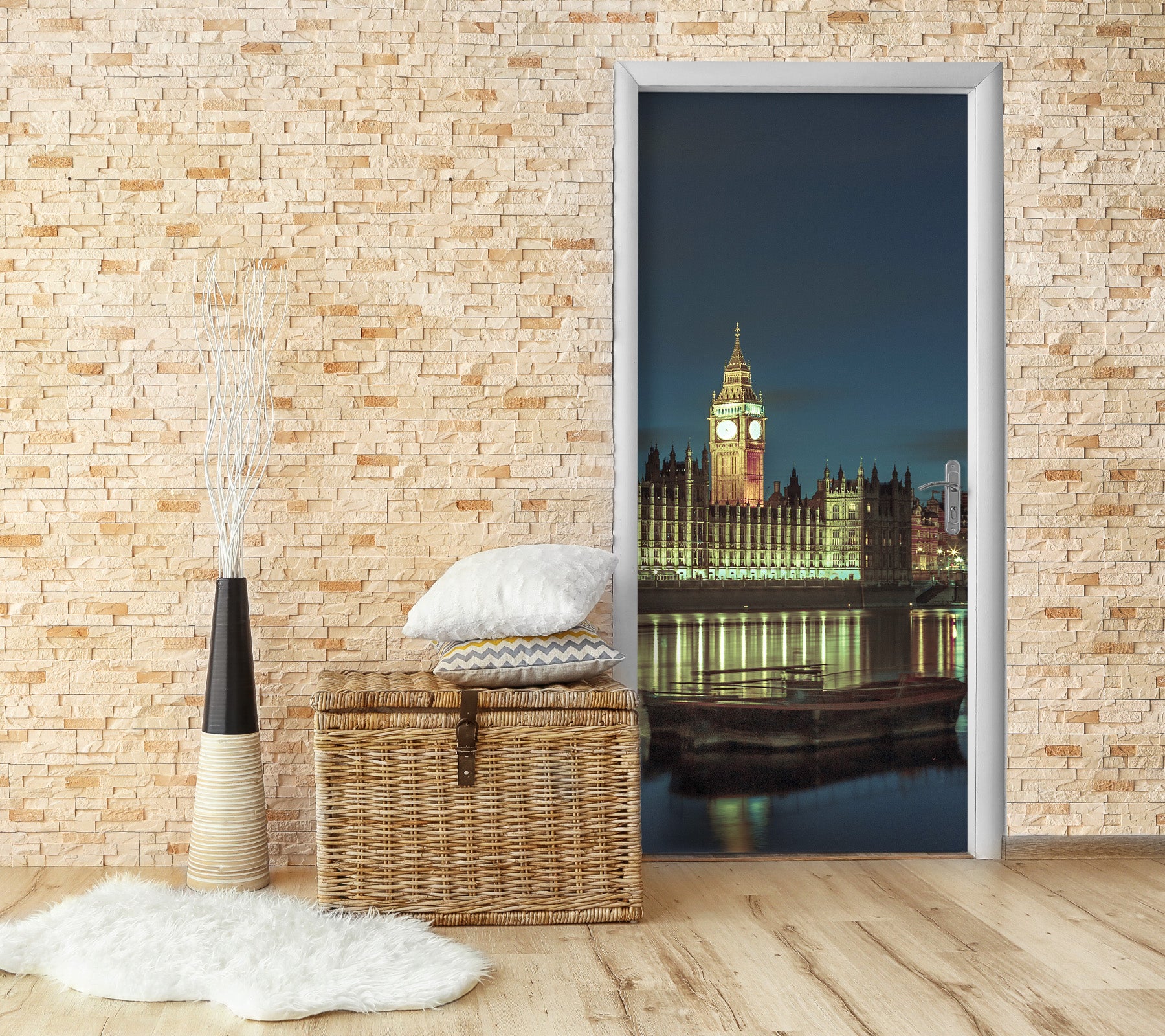 3D Clock Tower Night Shadow 10693 Assaf Frank Door Mural