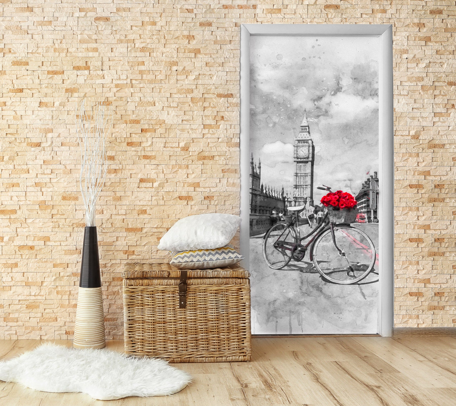 3D Clock Tower Bicycle Rose 101173 Assaf Frank Door Mural