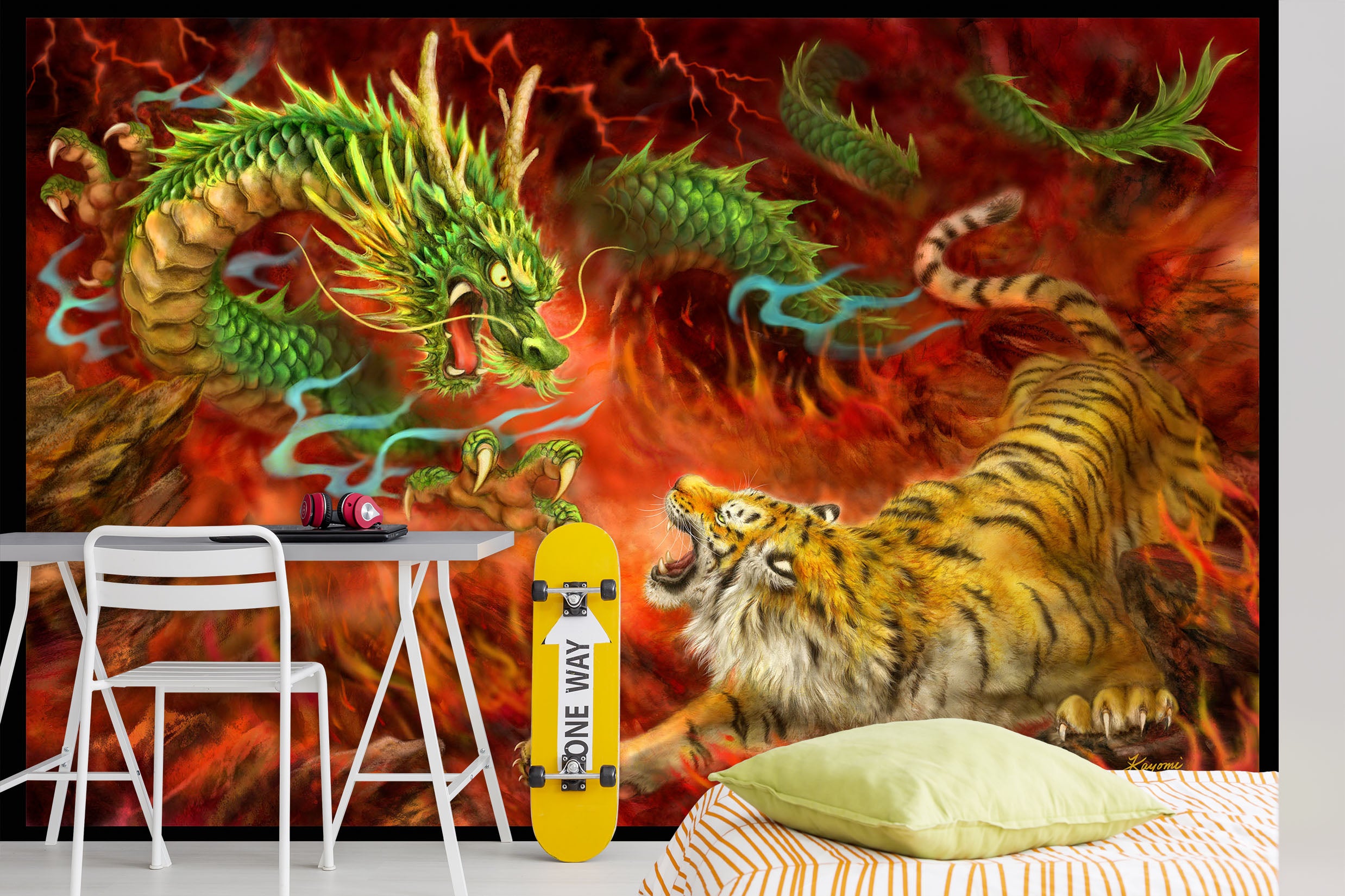 3D Green Dragon Tiger 5521 Kayomi Harai Wall Mural Wall Murals