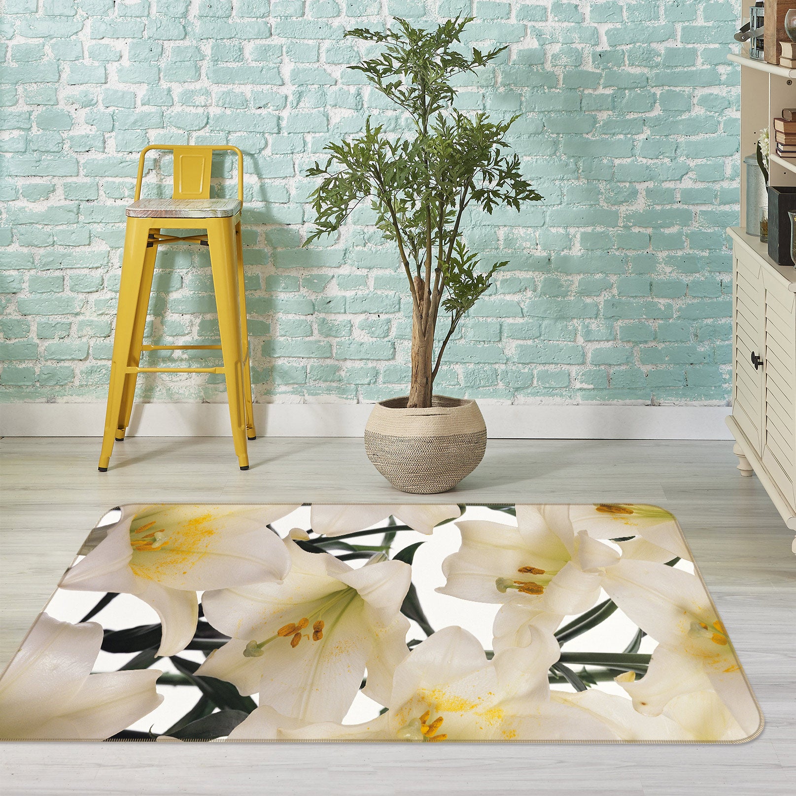 3D White Flowers 75266 Non Slip Rug Mat