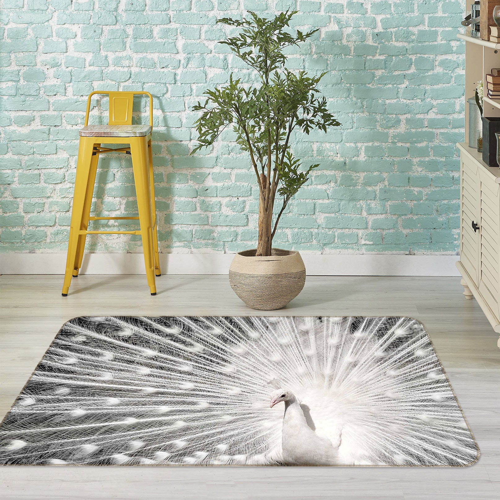 3D White Peacock 30004 Non Slip Rug Mat