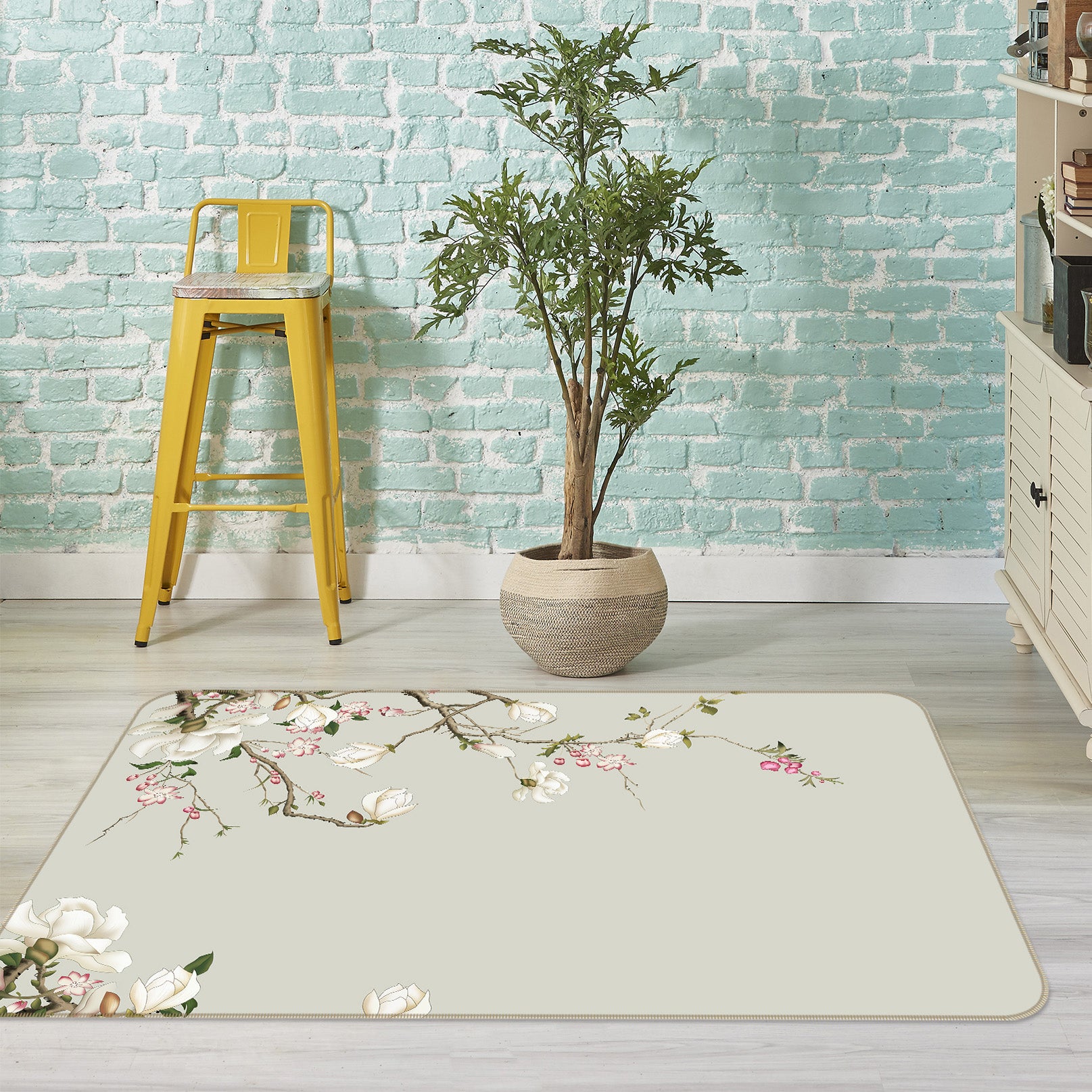3D White Flower Branch 65137 Non Slip Rug Mat