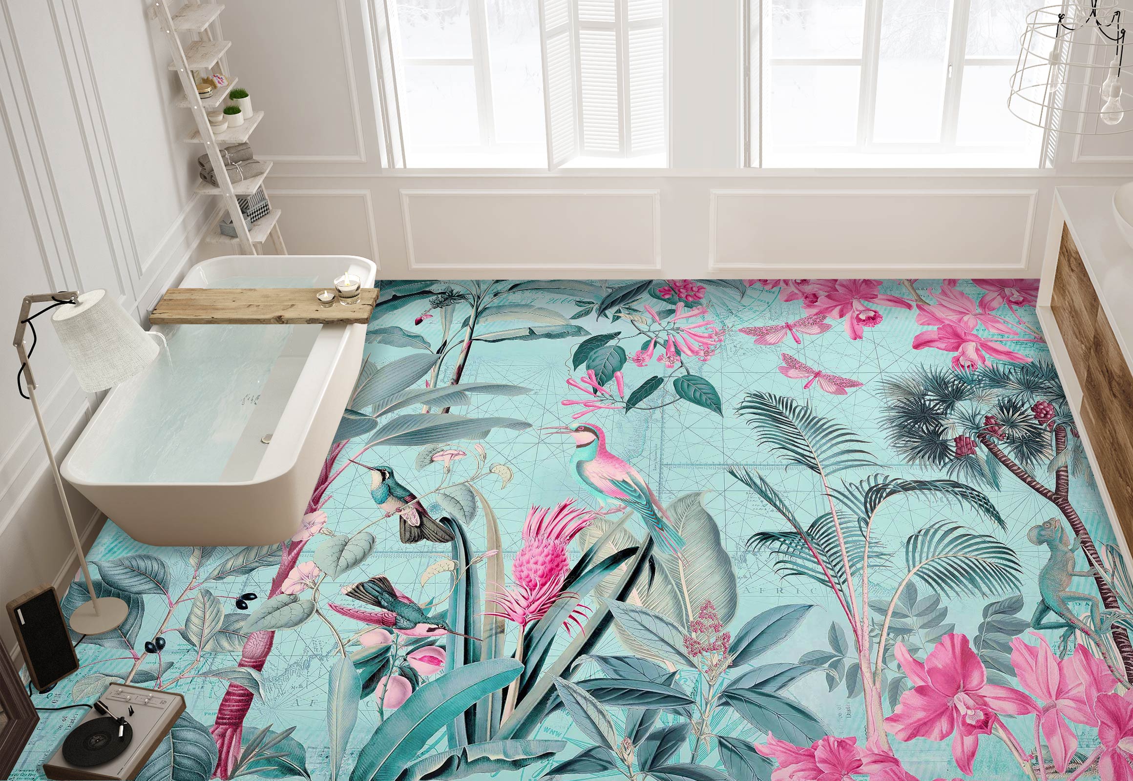 3D Pink Flowers Bird Grove 10055 Andrea Haase Floor Mural