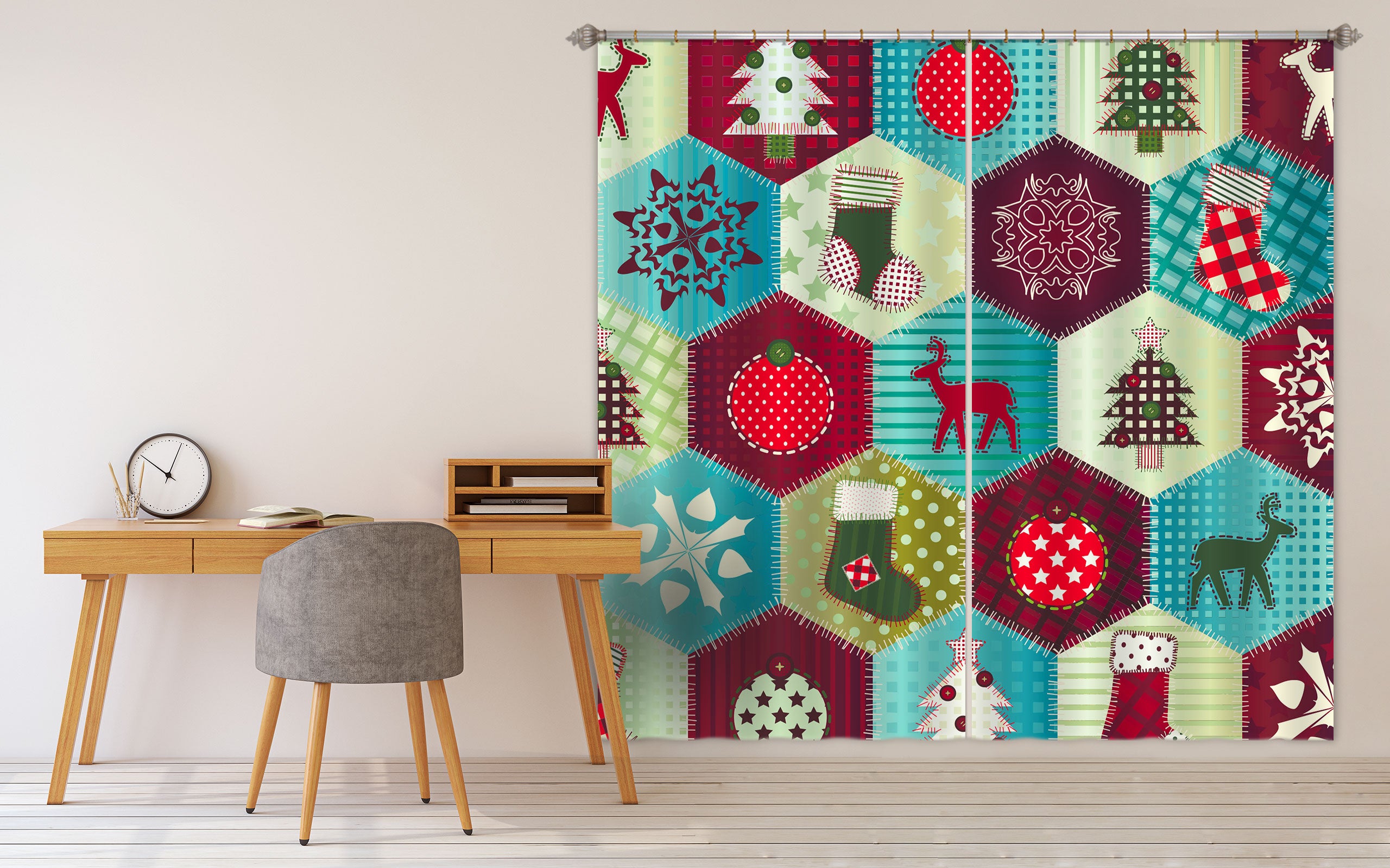 3D Hexagon Snow Deer 52036 Christmas Curtains Drapes Xmas