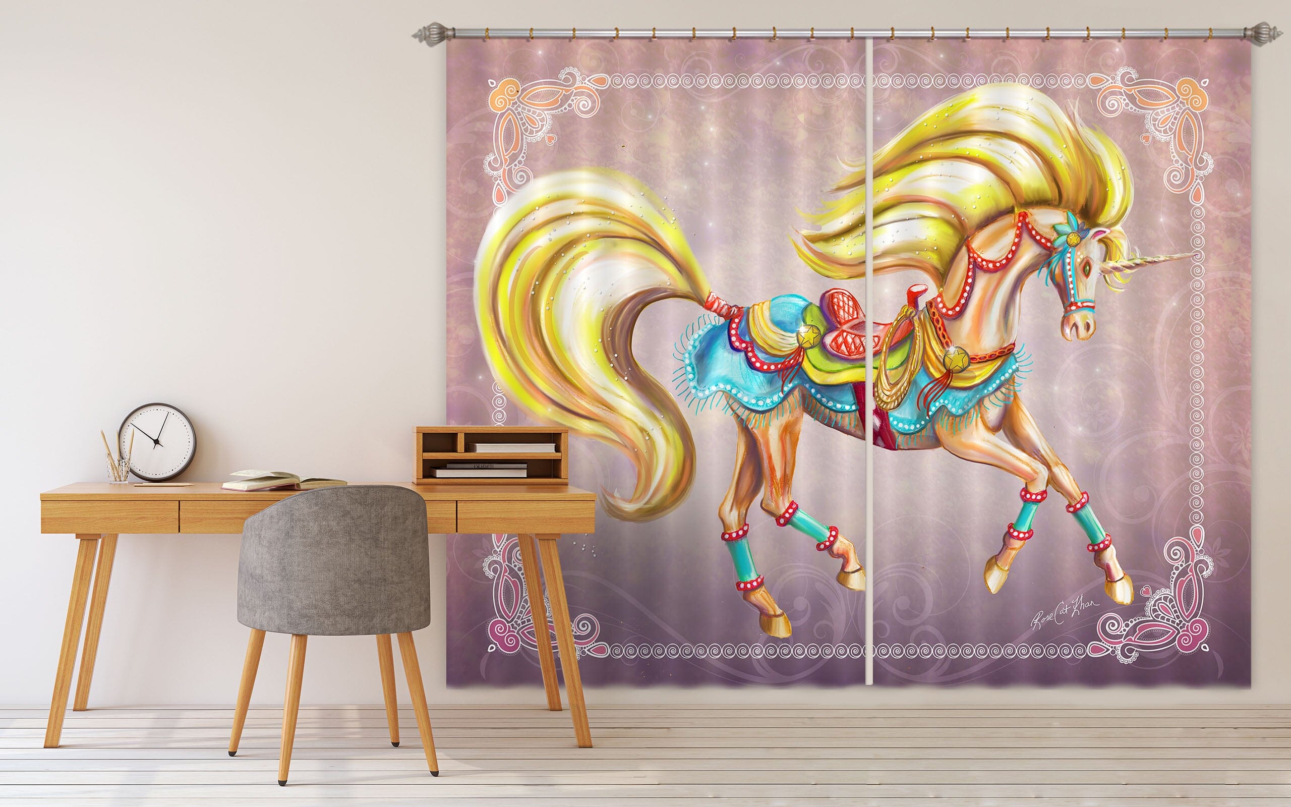 3D Golden Unicorn 131 Rose Catherine Khan Curtain Curtains Drapes Curtains AJ Creativity Home