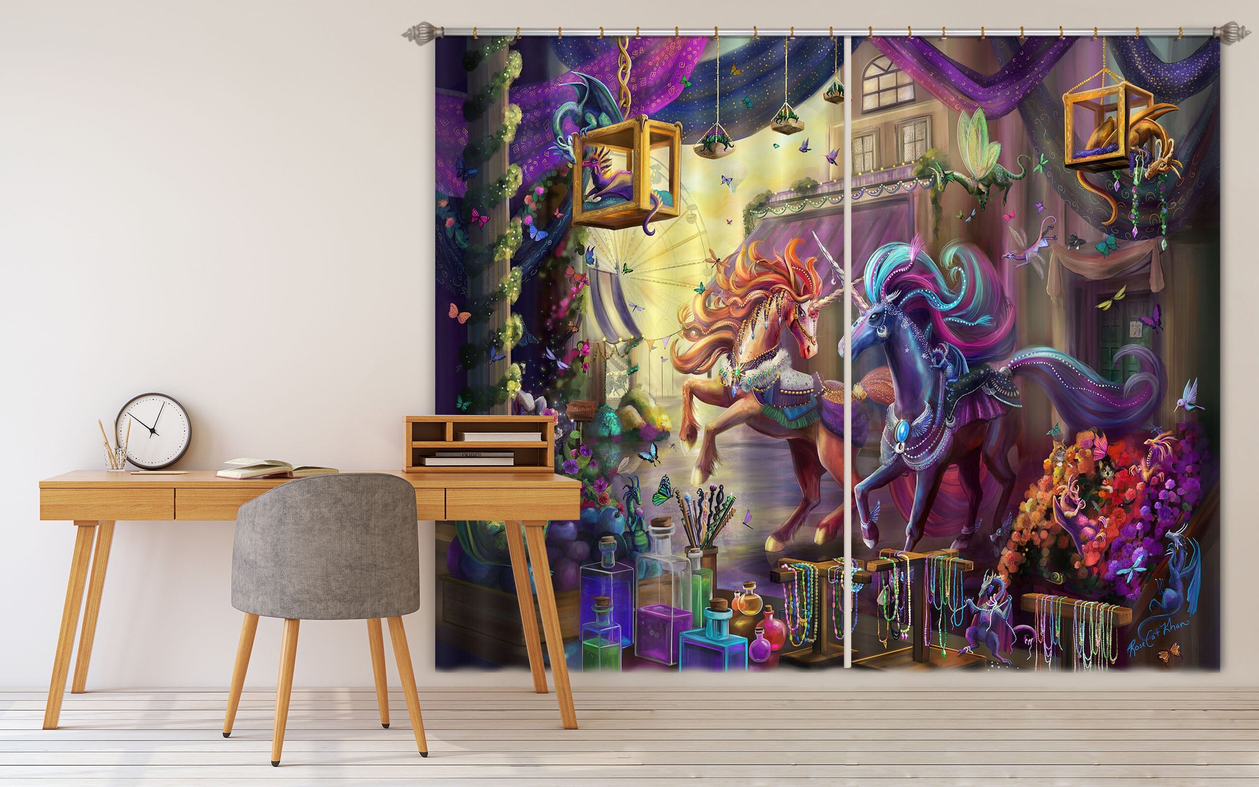 3D Sun Unicorn 128 Rose Catherine Khan Curtain Curtains Drapes Curtains AJ Creativity Home