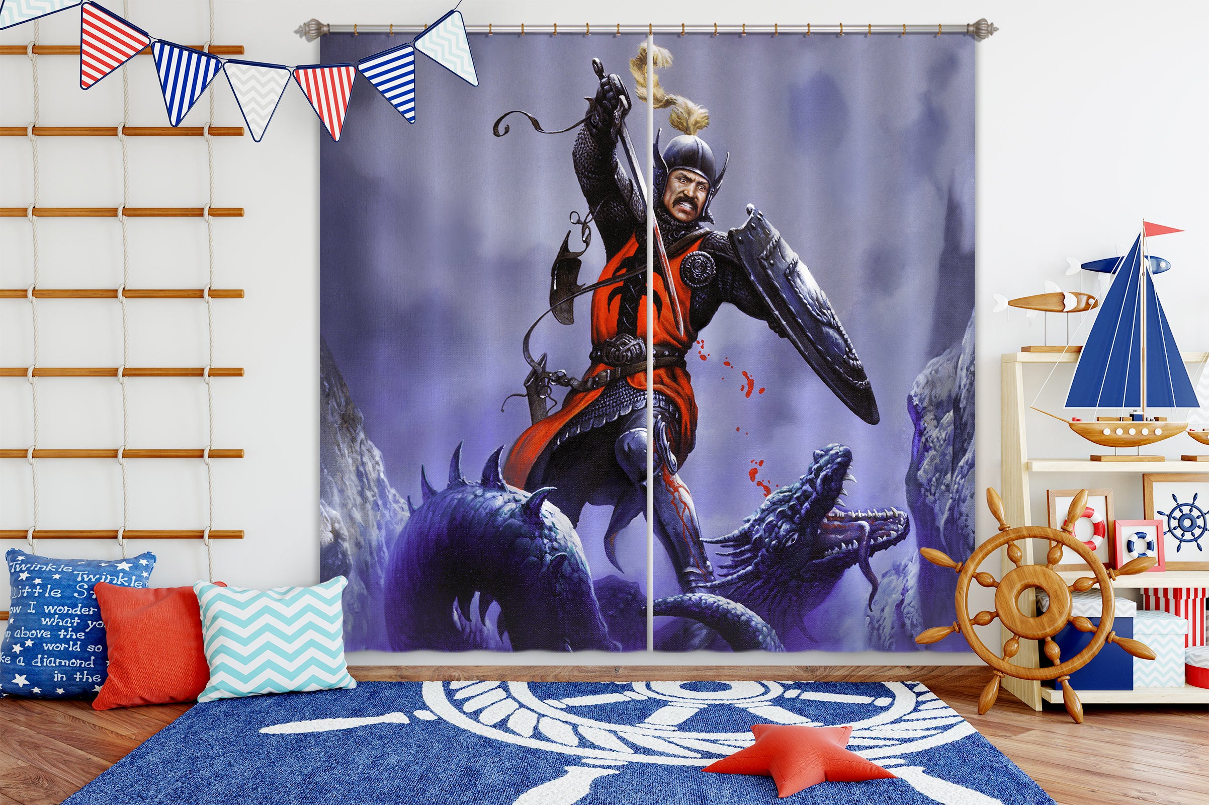 3D Soldier Kills Dragon 7179 Ciruelo Curtain Curtains Drapes