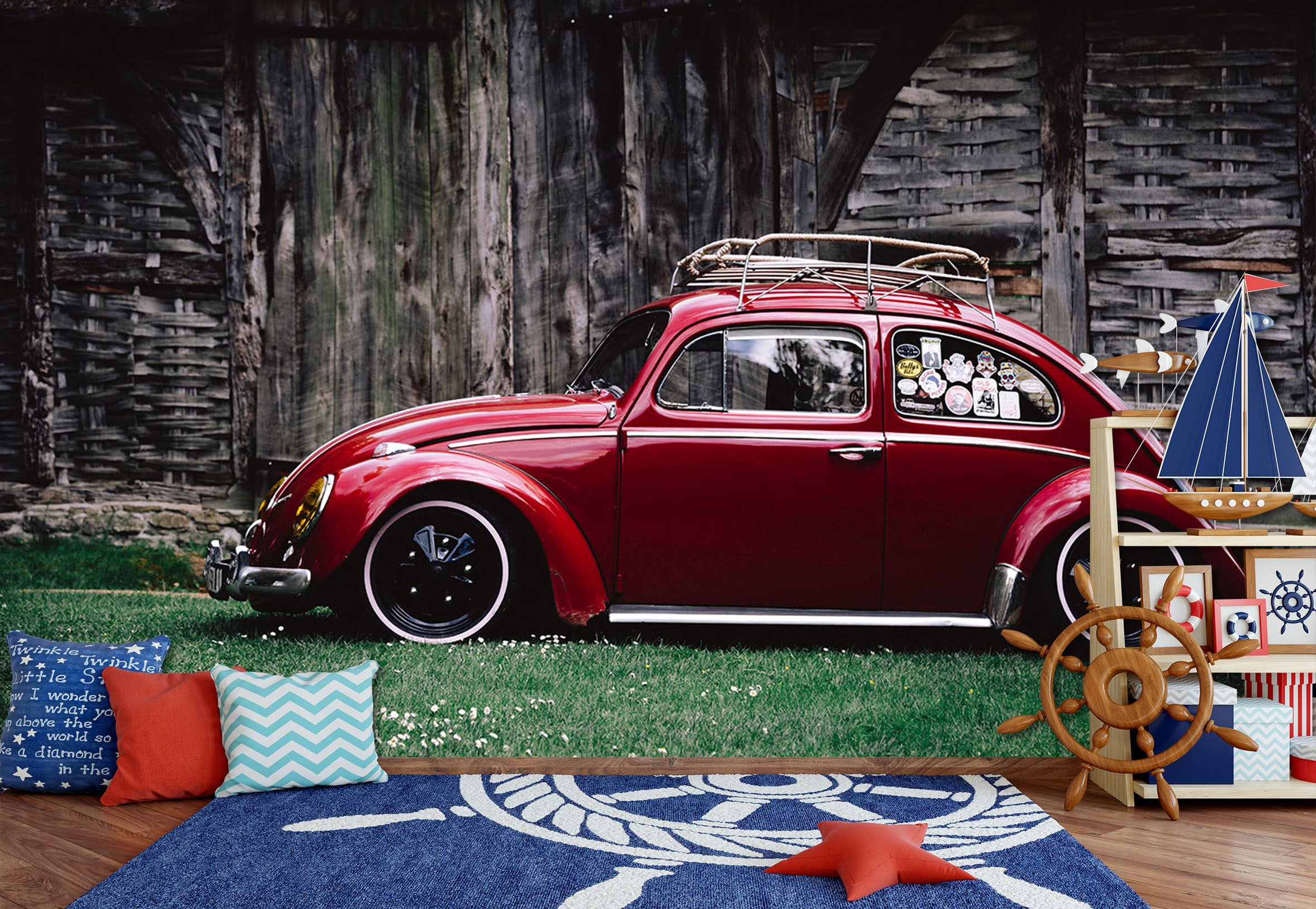 3D House Red Car 201 Vehicle Wall Murals