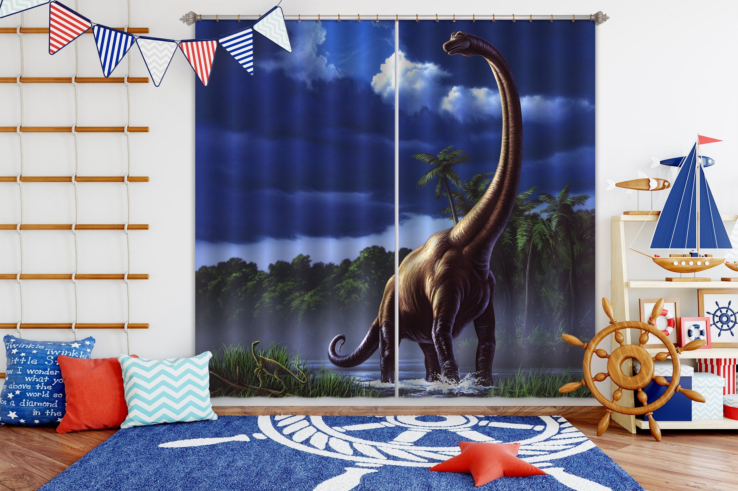 3D Long Necked Dragon 055 Jerry LoFaro Curtain Curtains Drapes Curtains AJ Creativity Home