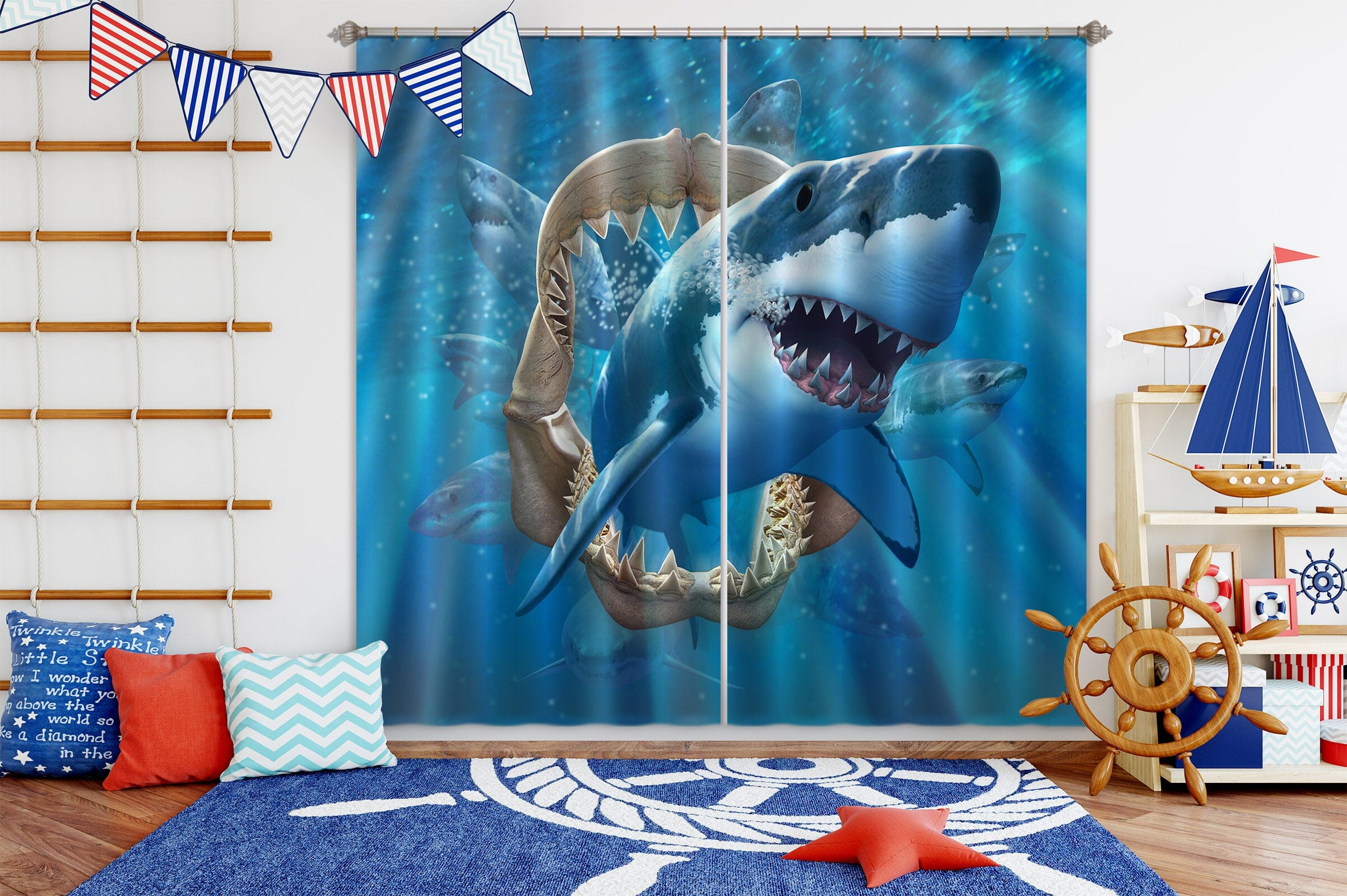 3D Great White Shark 065 Jerry LoFaro Curtain Curtains Drapes Curtains AJ Creativity Home