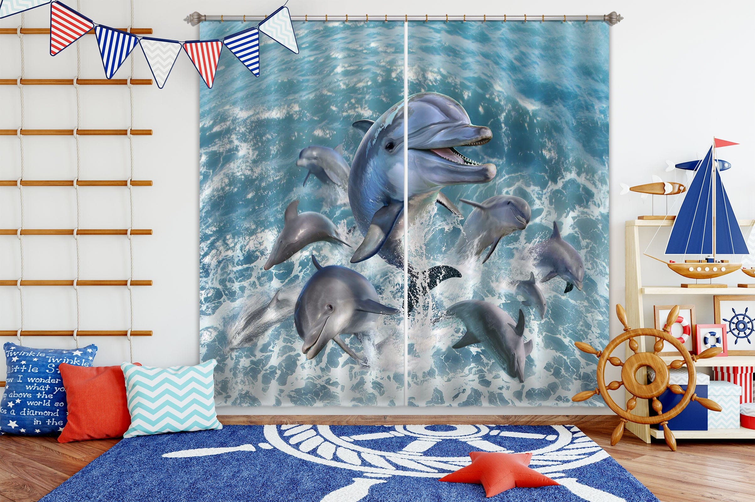 3D Dolphin Jump 042 Jerry LoFaro Curtain Curtains Drapes Curtains AJ Creativity Home