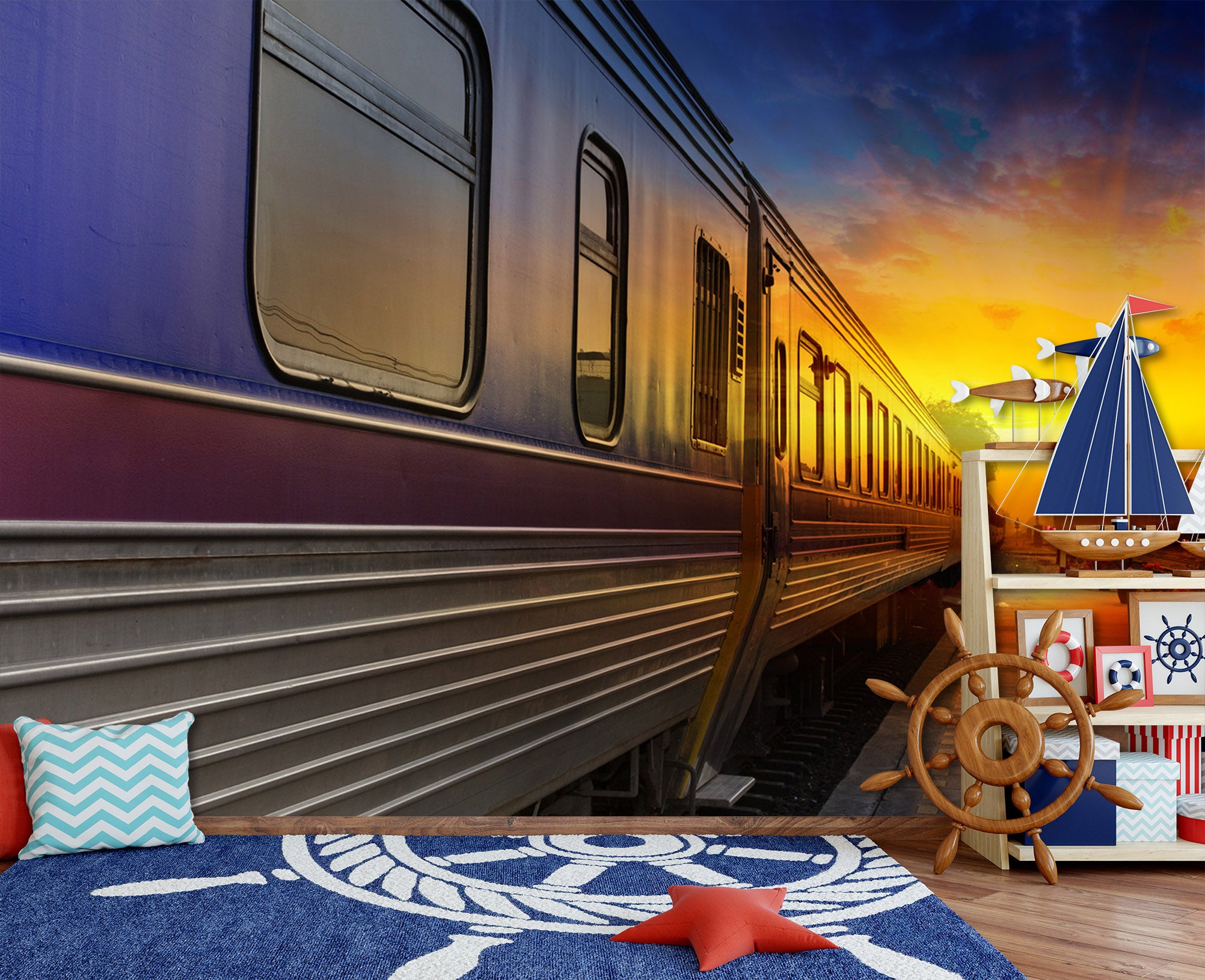 3D Sunset Train 151 Vehicle Wall Murals