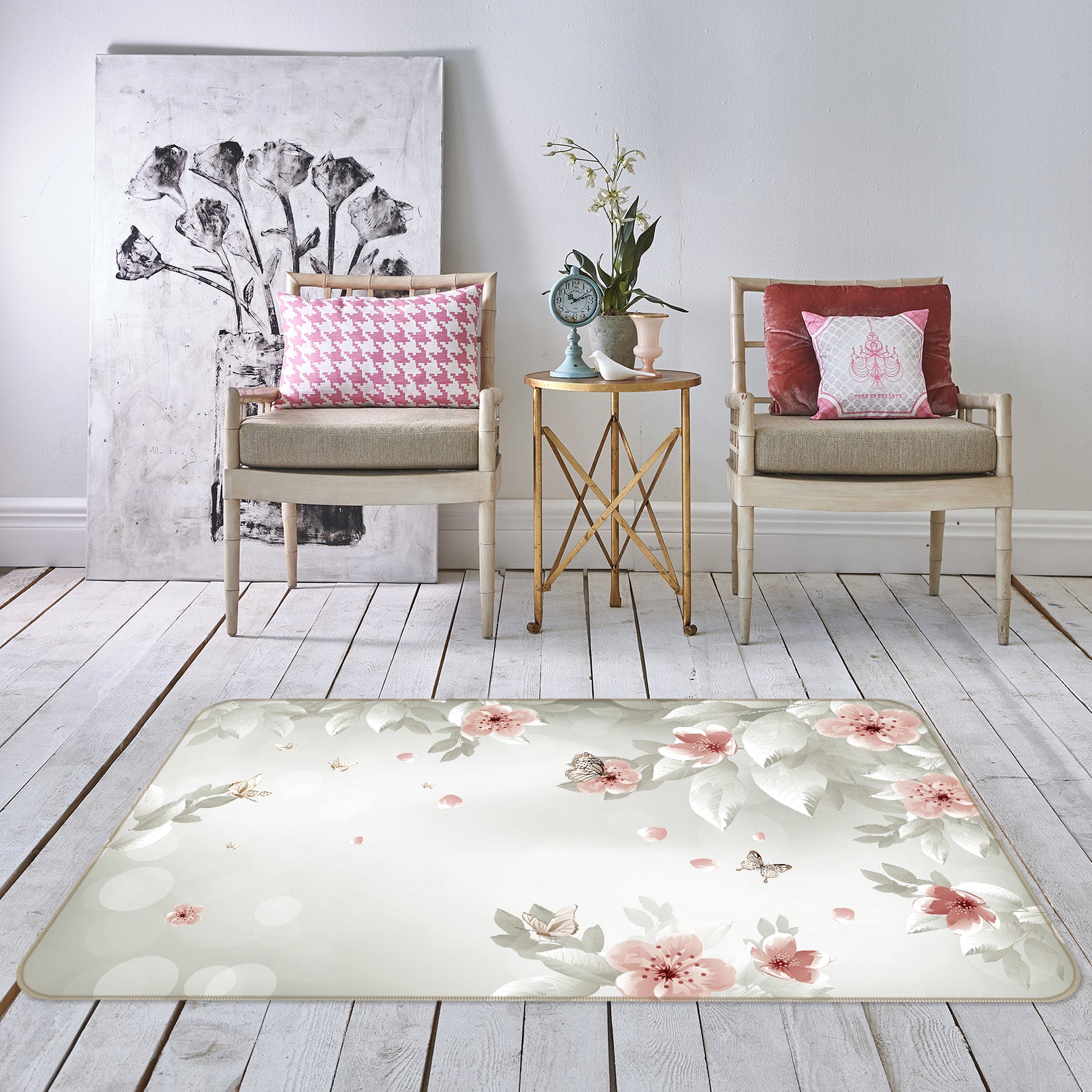 3D White Flowers 65123 Non Slip Rug Mat