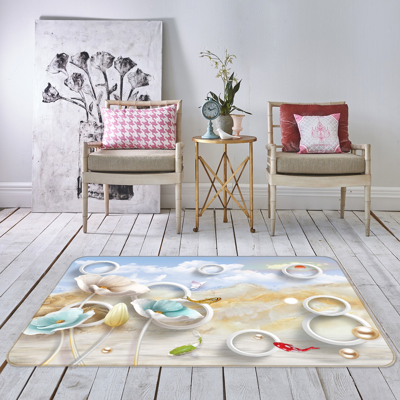 3D Flower Circle Fish 65141 Non Slip Rug Mat