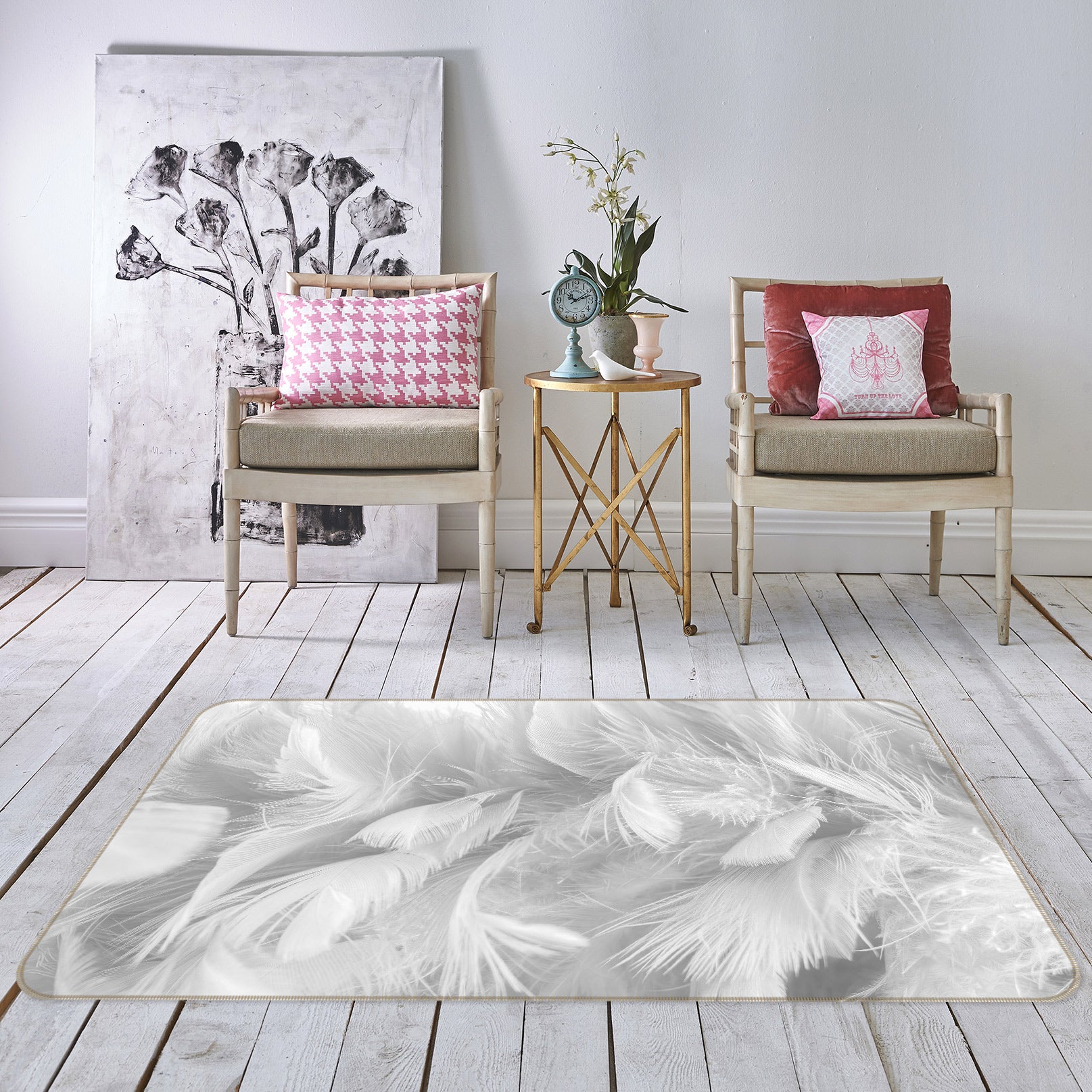 3D White Feather 30060 Non Slip Rug Mat