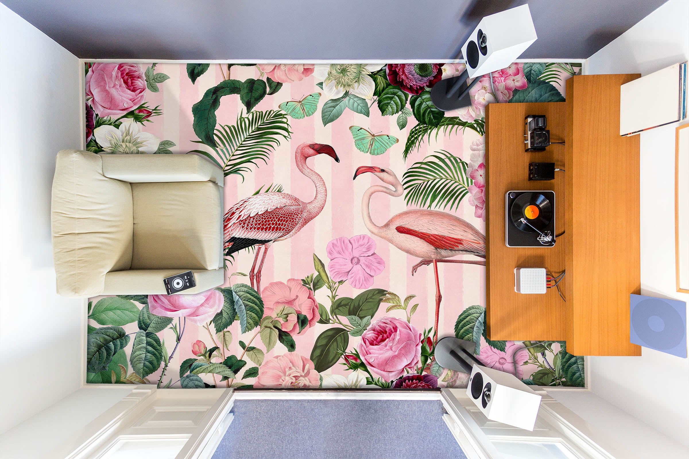 3D Flamingo Flowers Leaf Pattern 104144 Andrea Haase Floor Mural