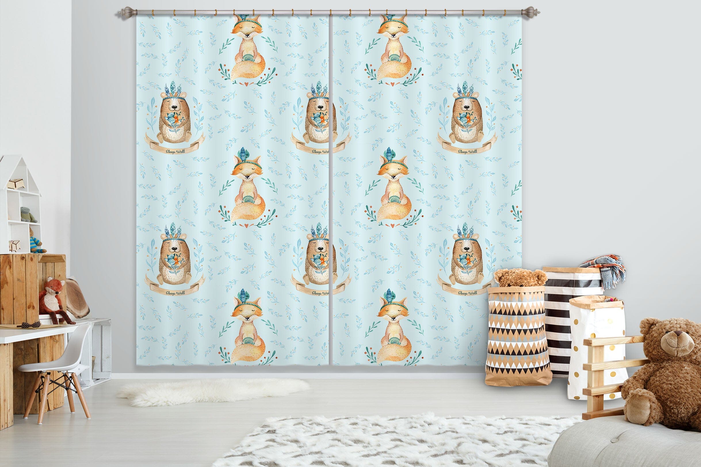 3D Bear Fox Flower 126 Uta Naumann Curtain Curtains Drapes Curtains AJ Creativity Home
