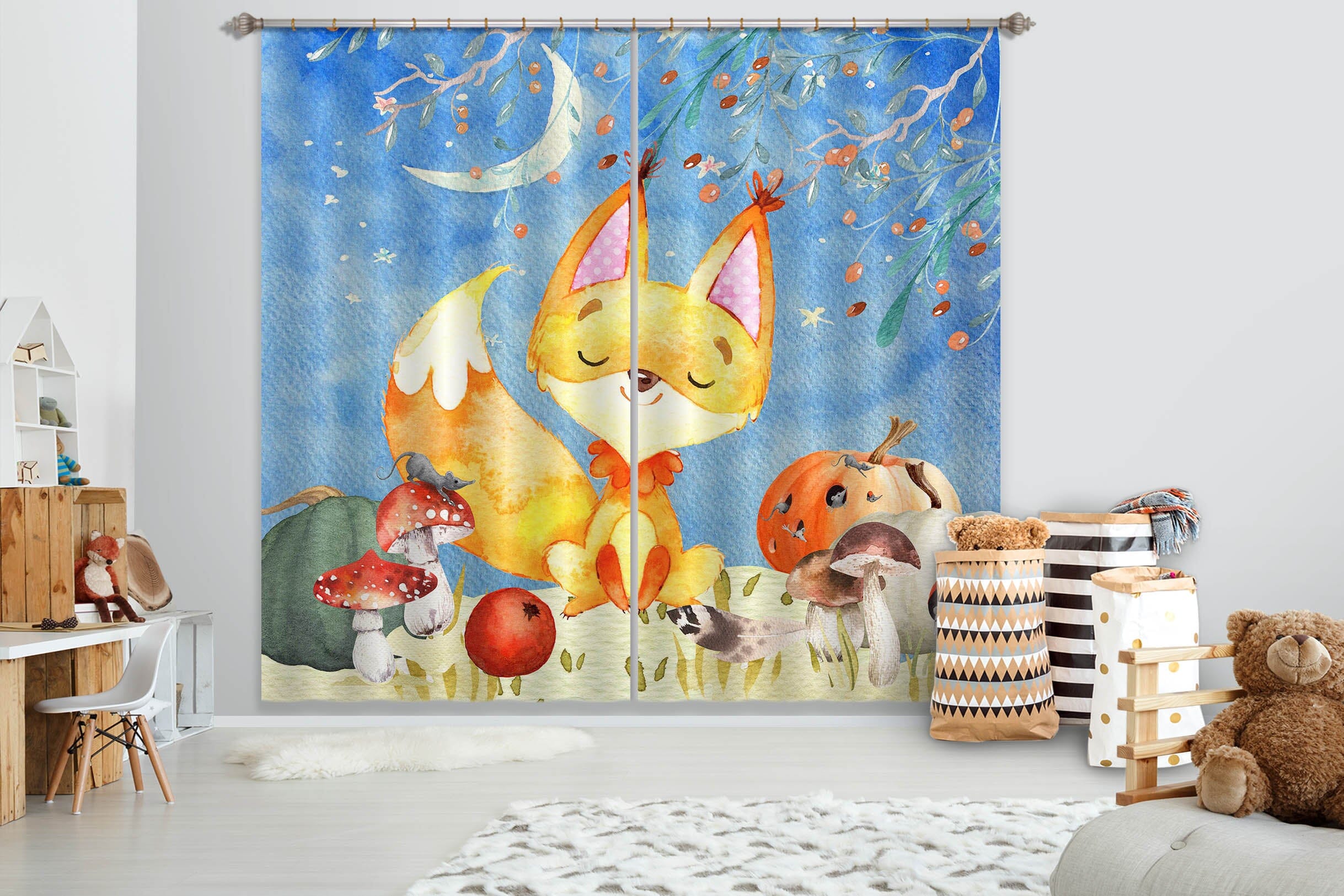 3D Moon Yellow Fox 163 Uta Naumann Curtain Curtains Drapes Curtains AJ Creativity Home