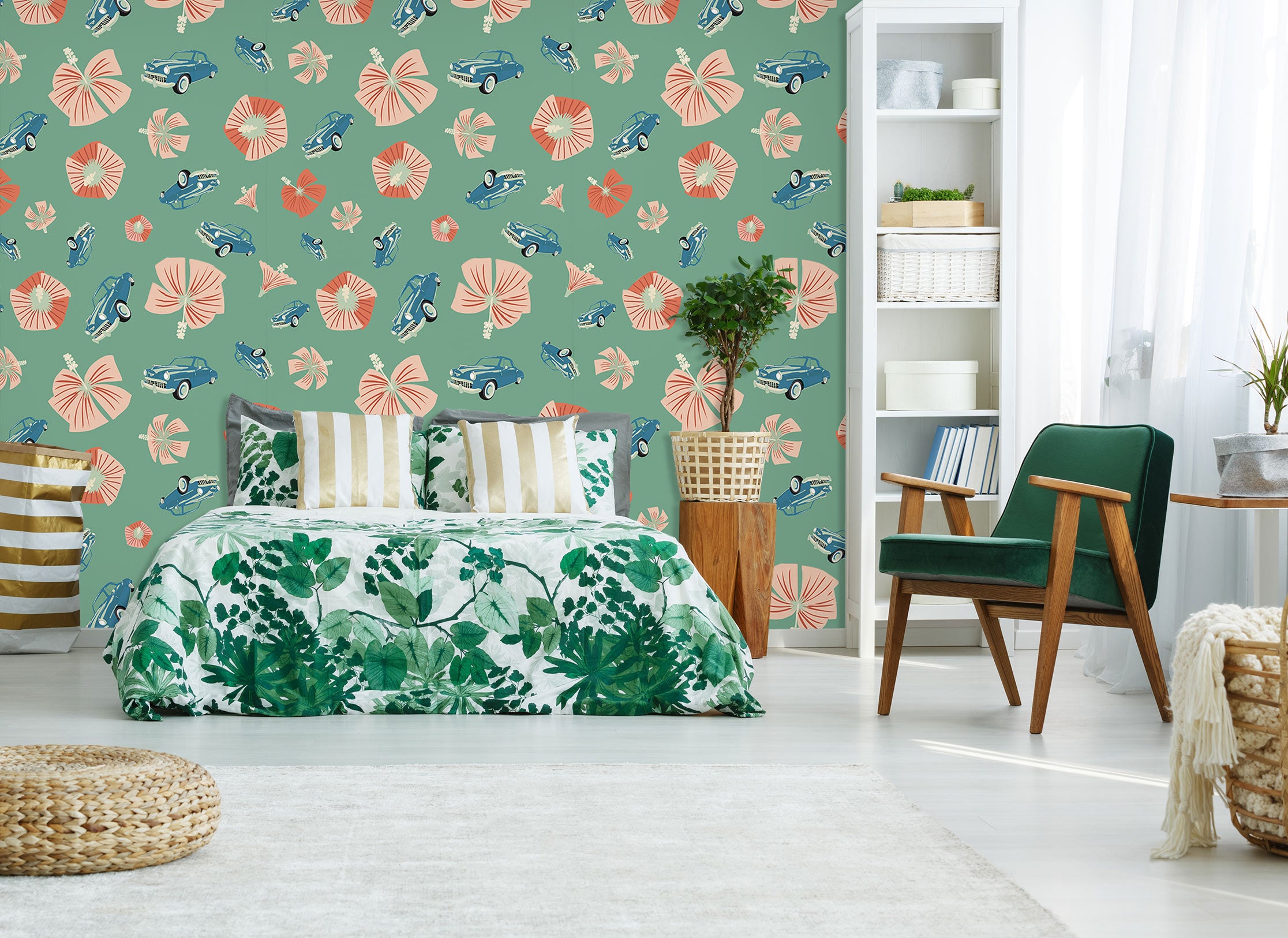 3D Pink Flower Blue Car 98129 Kasumi Loffler Wall Mural Wall Murals