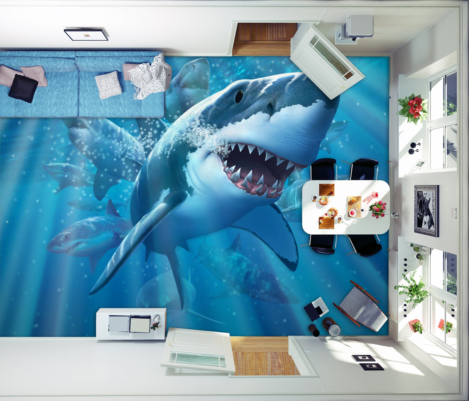 3D Ocean Shark 96221 Jerry LoFaro Floor Mural