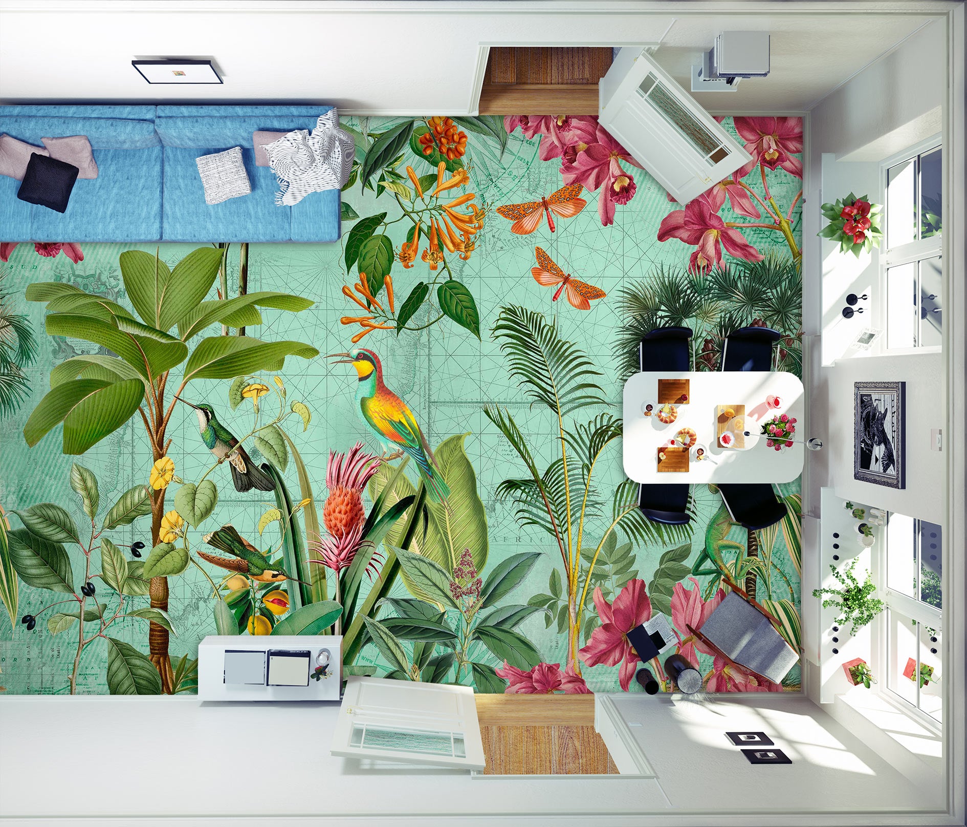 3D Flower Jungle Colorful Bird 10052 Andrea Haase Floor Mural