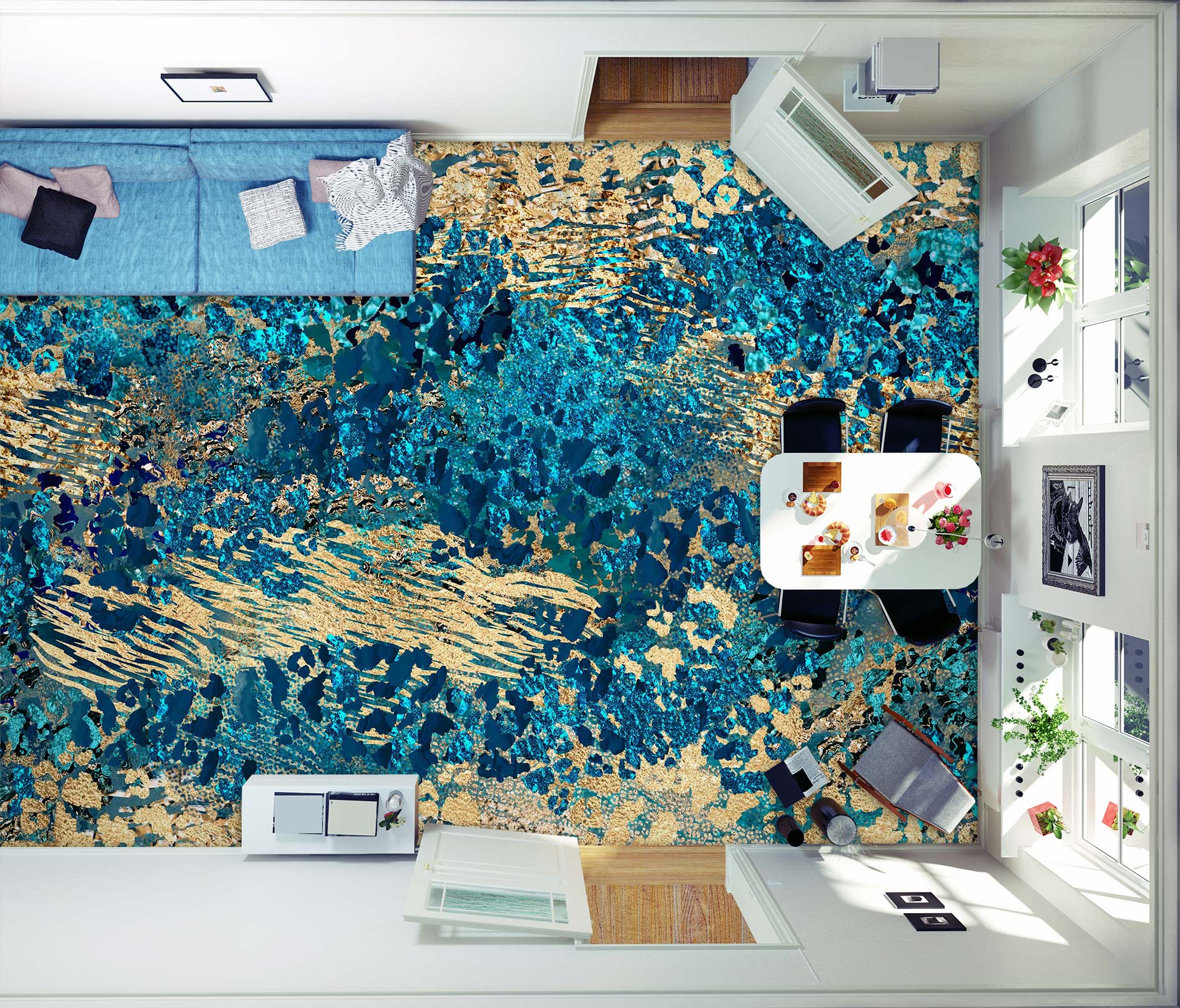 3D Blue Gold Pattern 102144 Andrea Haase Floor Mural