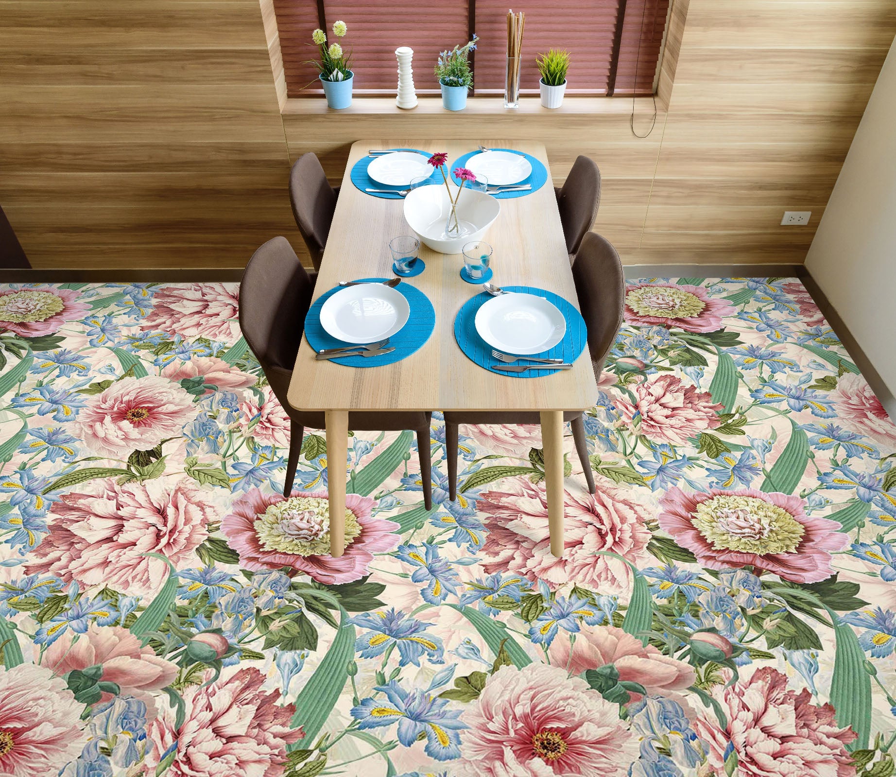 3D Pink Blue Flower Bush 10026 Uta Naumann Floor Mural