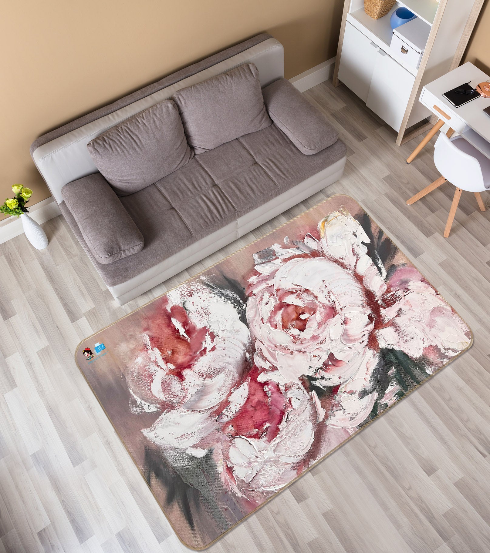 3D Pink Painted Flowers 4105 Skromova Marina Rug Non Slip Rug Mat