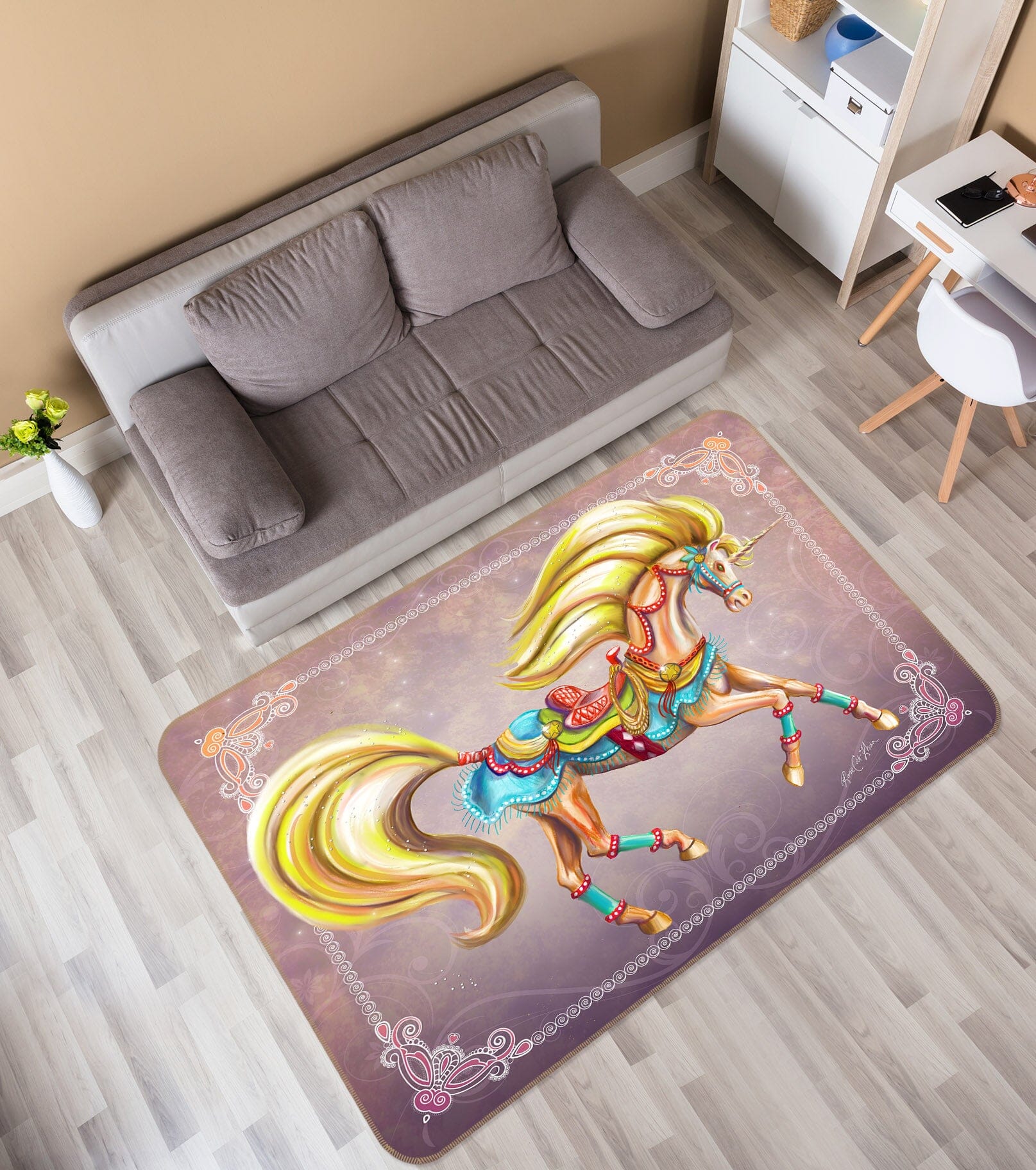3D Golden Unicorn 3025 Rose Catherine Khan Rug Non Slip Rug Matt Mat AJ Creativity Home