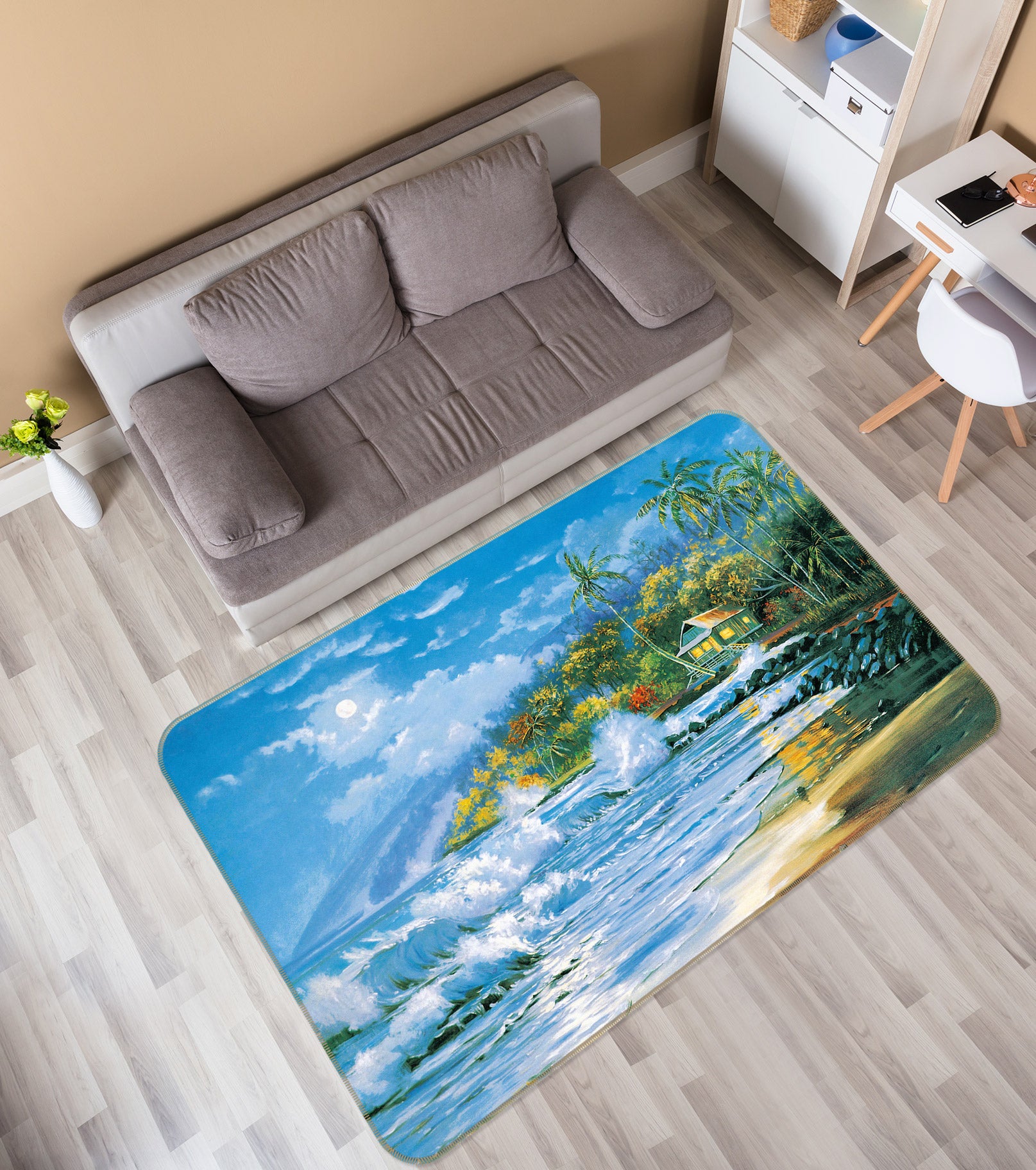 3D Seaside House Coconut Tree 75294 Non Slip Rug Mat
