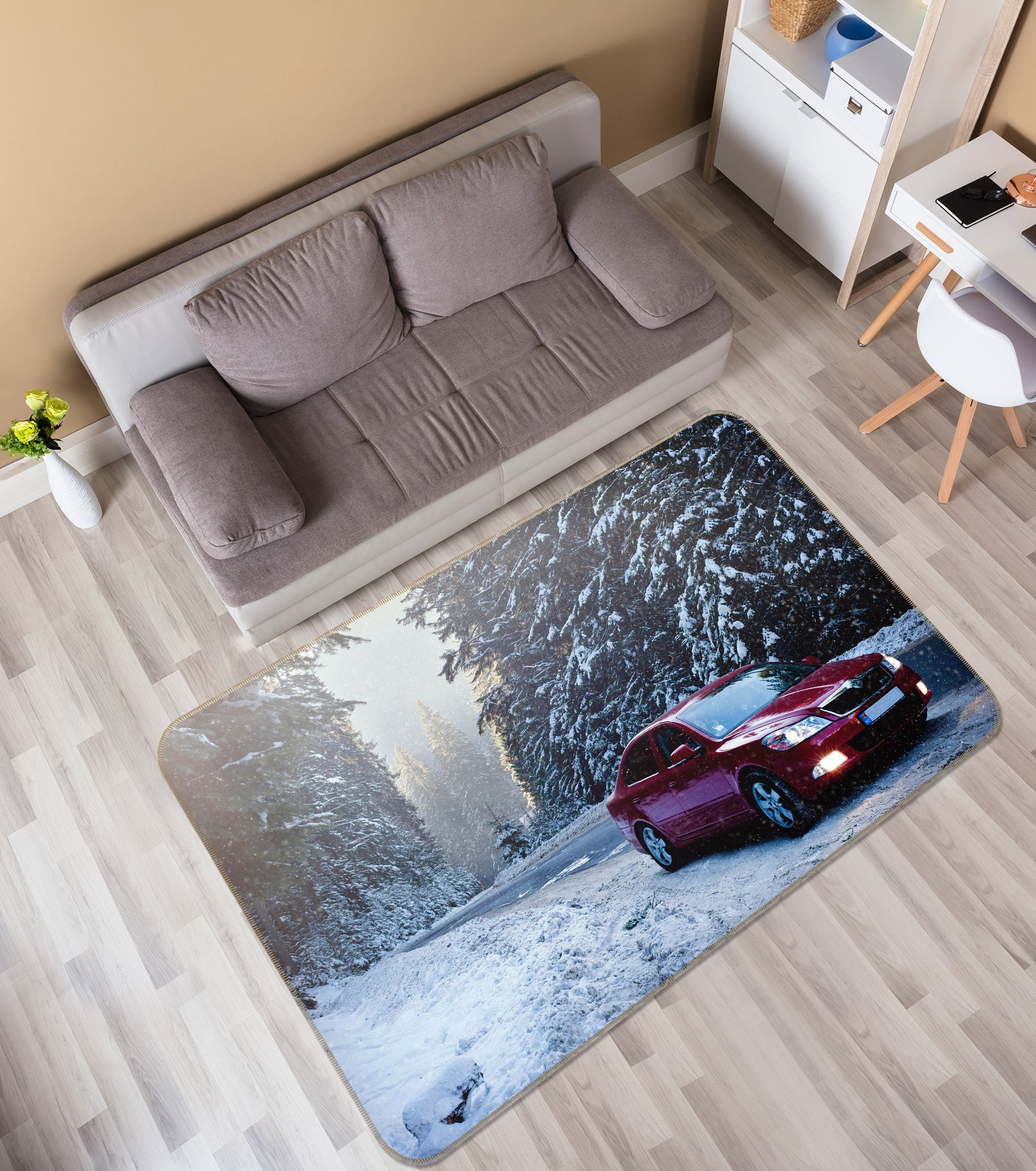 3D Snowfield Red Car 68056 Vehicle Non Slip Rug Mat