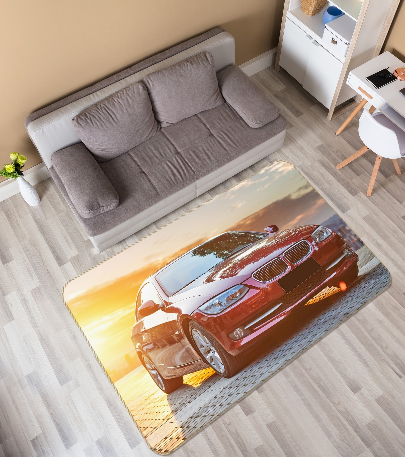 3D Red Car 42092 Vehicle Non Slip Rug Mat