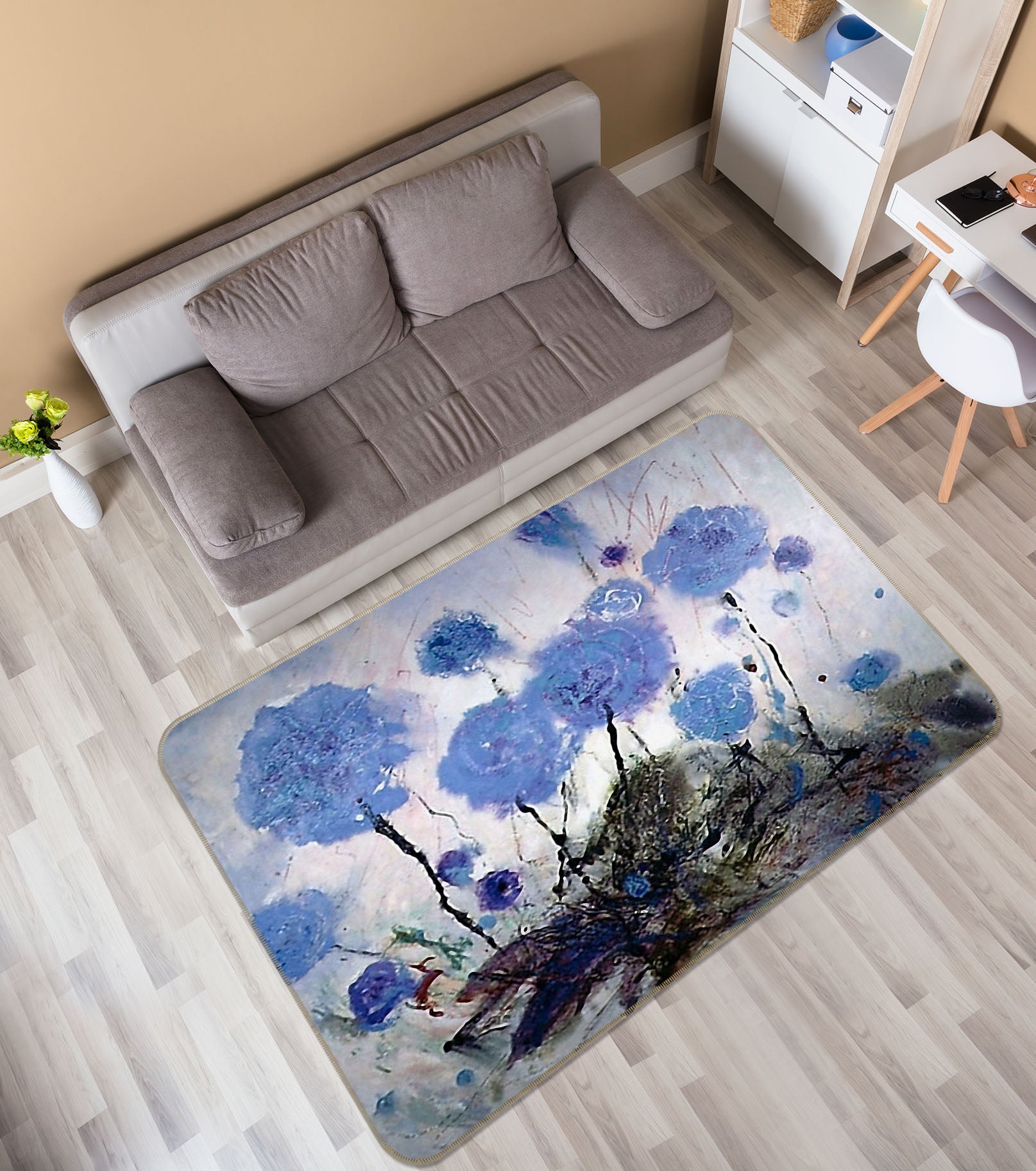 3D Blue Flowers 33125 Non Slip Rug Mat