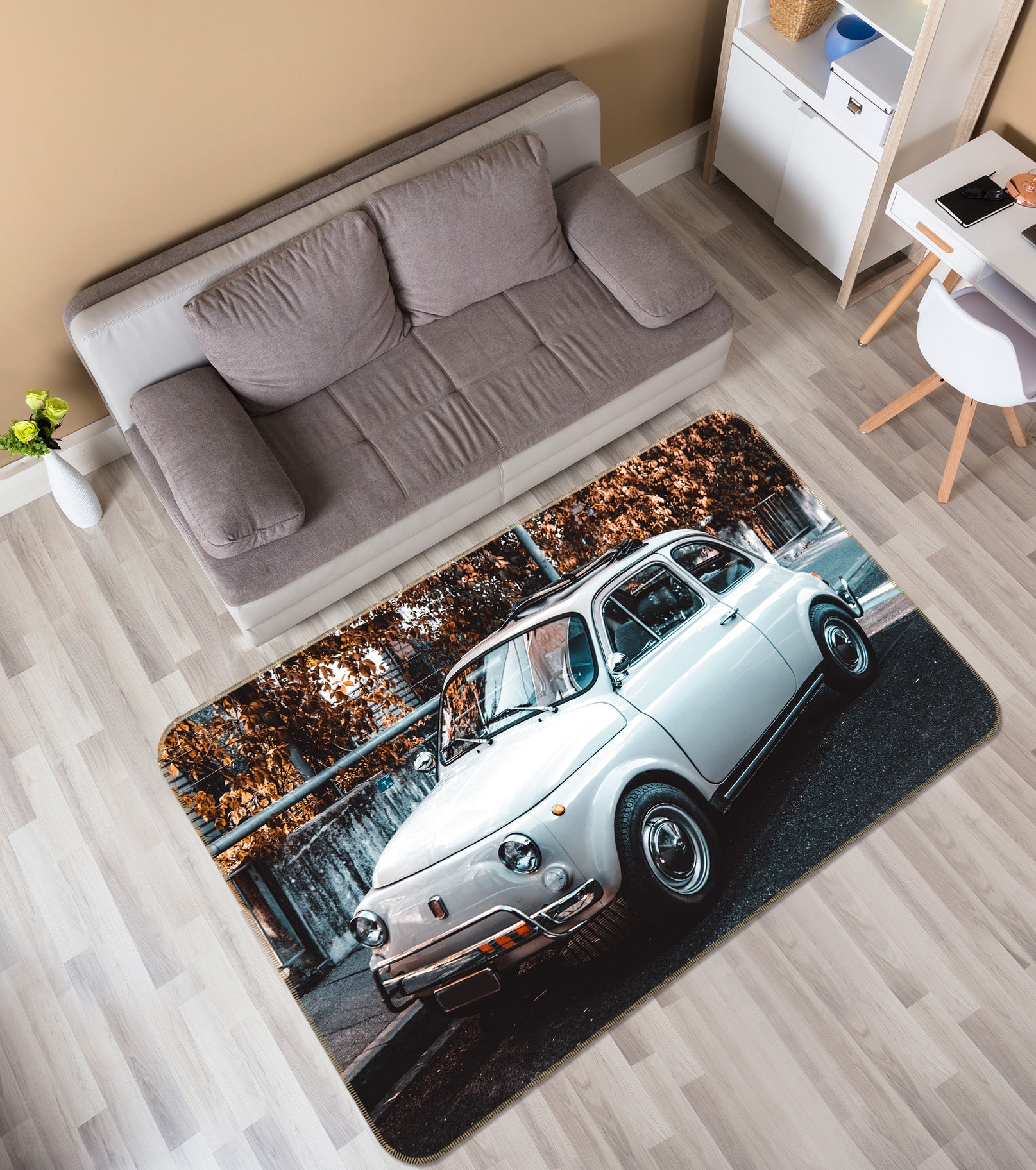 3D White Car 68060 Vehicle Non Slip Rug Mat