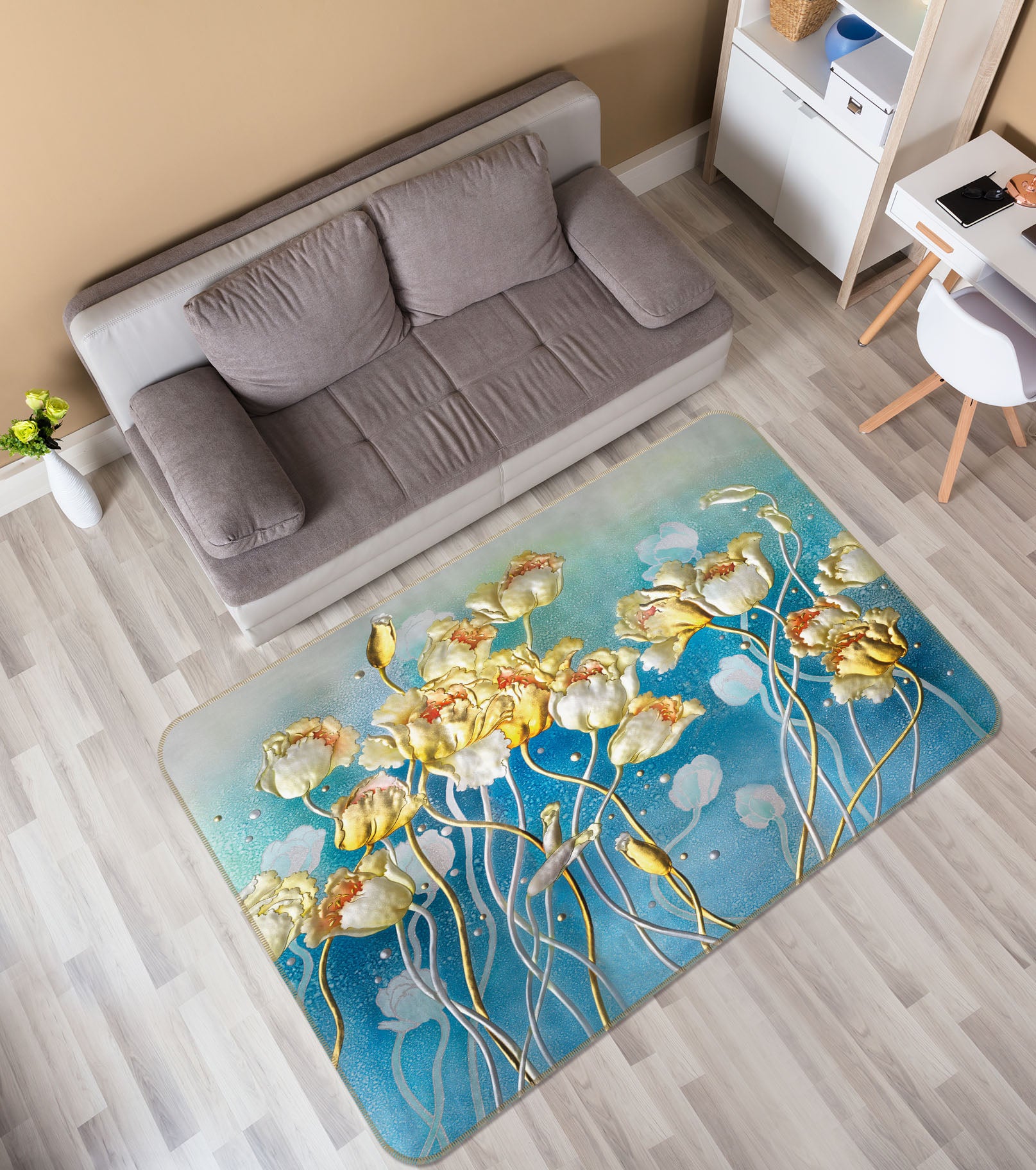 3D Golden Flowers 32087 Non Slip Rug Mat