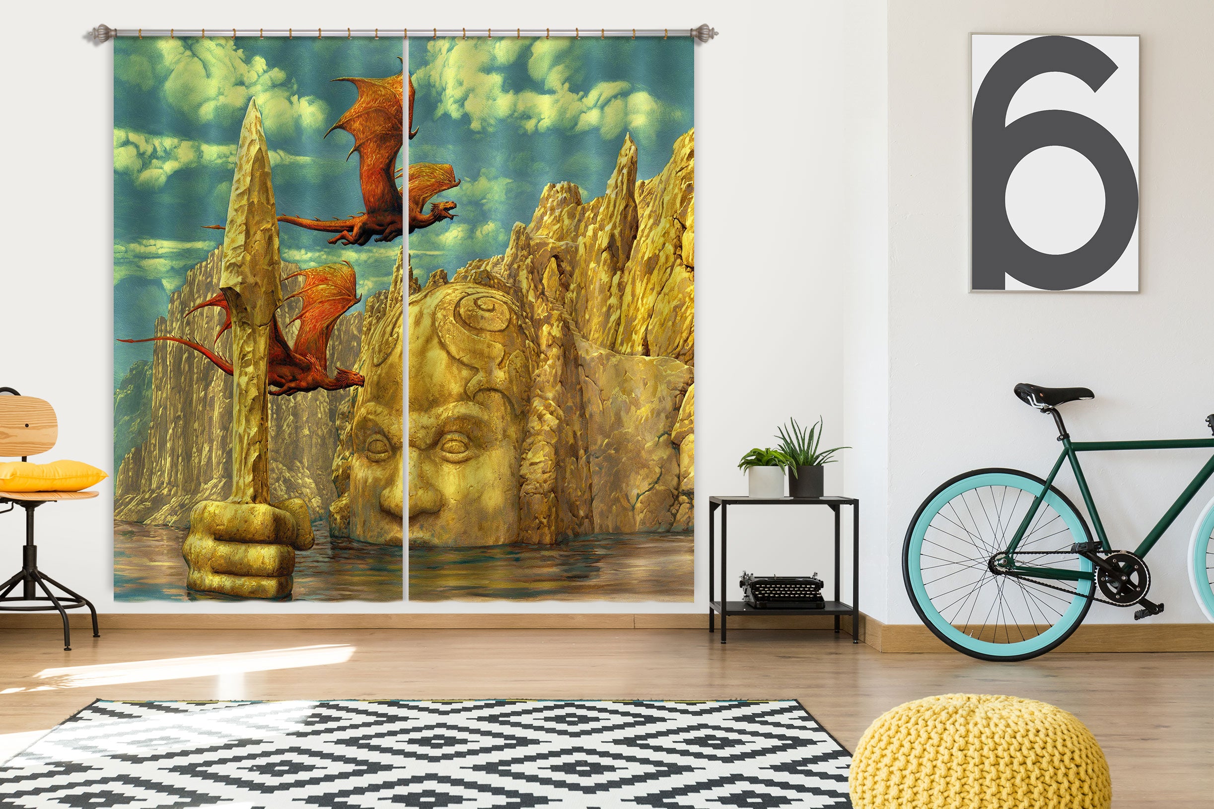 3D Statue Dragon 7217 Ciruelo Curtain Curtains Drapes