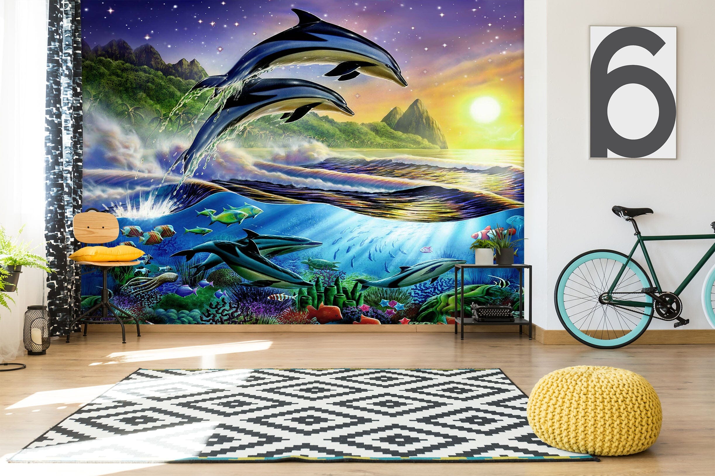 3D Sunset Dolphin 1399 Adrian Chesterman Wall Mural Wall Murals Wallpaper AJ Wallpaper 2