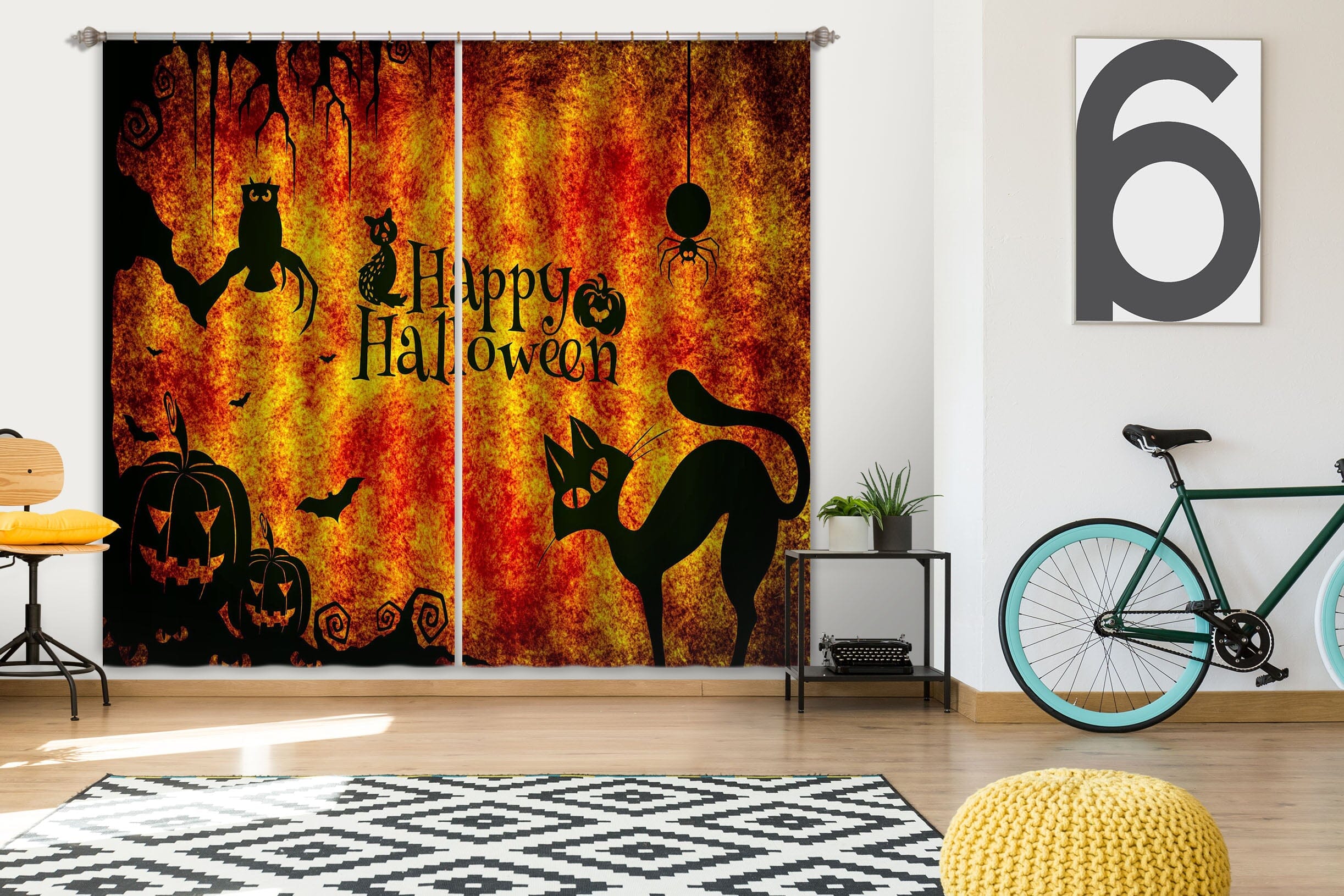 3D Pumpkin Black Cat 035 Halloween Curtains Drapes Curtains AJ Creativity Home