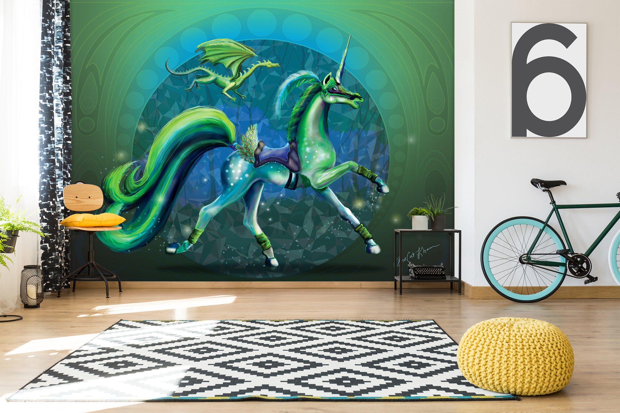 3D Green Unicorn 105 Rose Catherine Khan Wall Mural Wall Murals