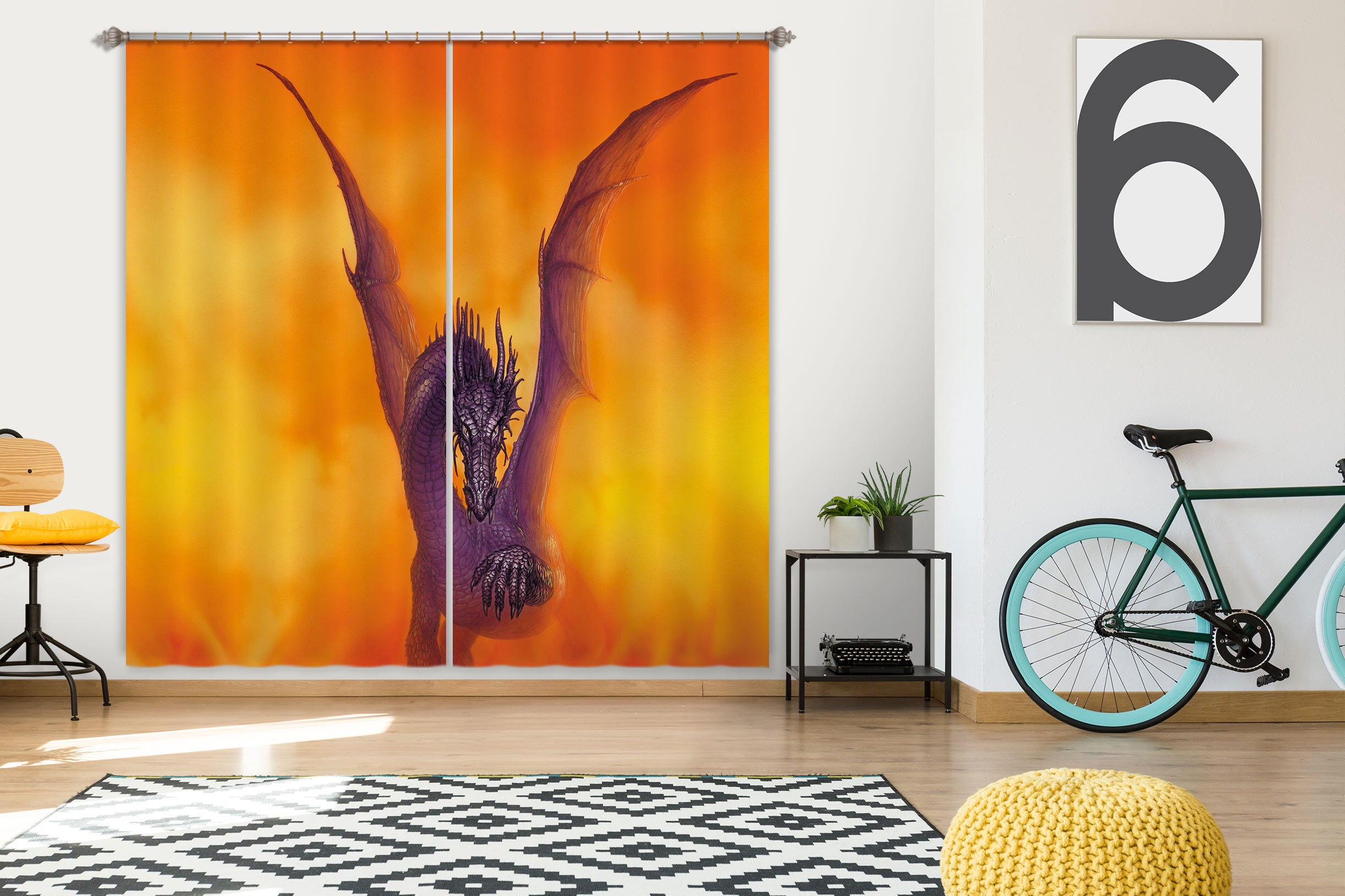 3D Orange Sky Purple Dragon 7164 Ciruelo Curtain Curtains Drapes