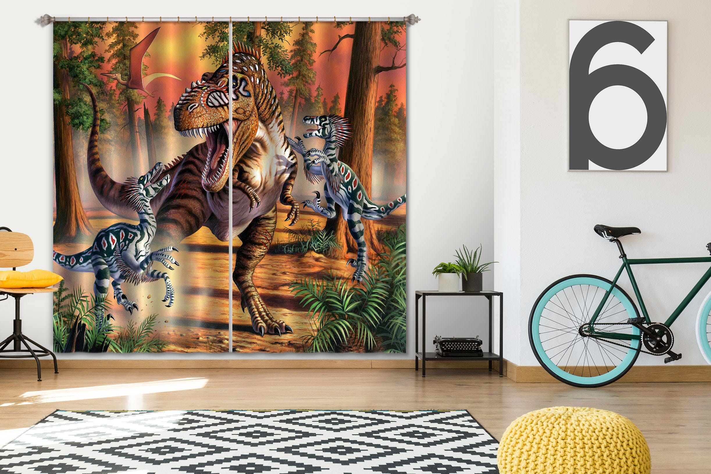 3D Dinosaur Fight 059 Jerry LoFaro Curtain Curtains Drapes Curtains AJ Creativity Home