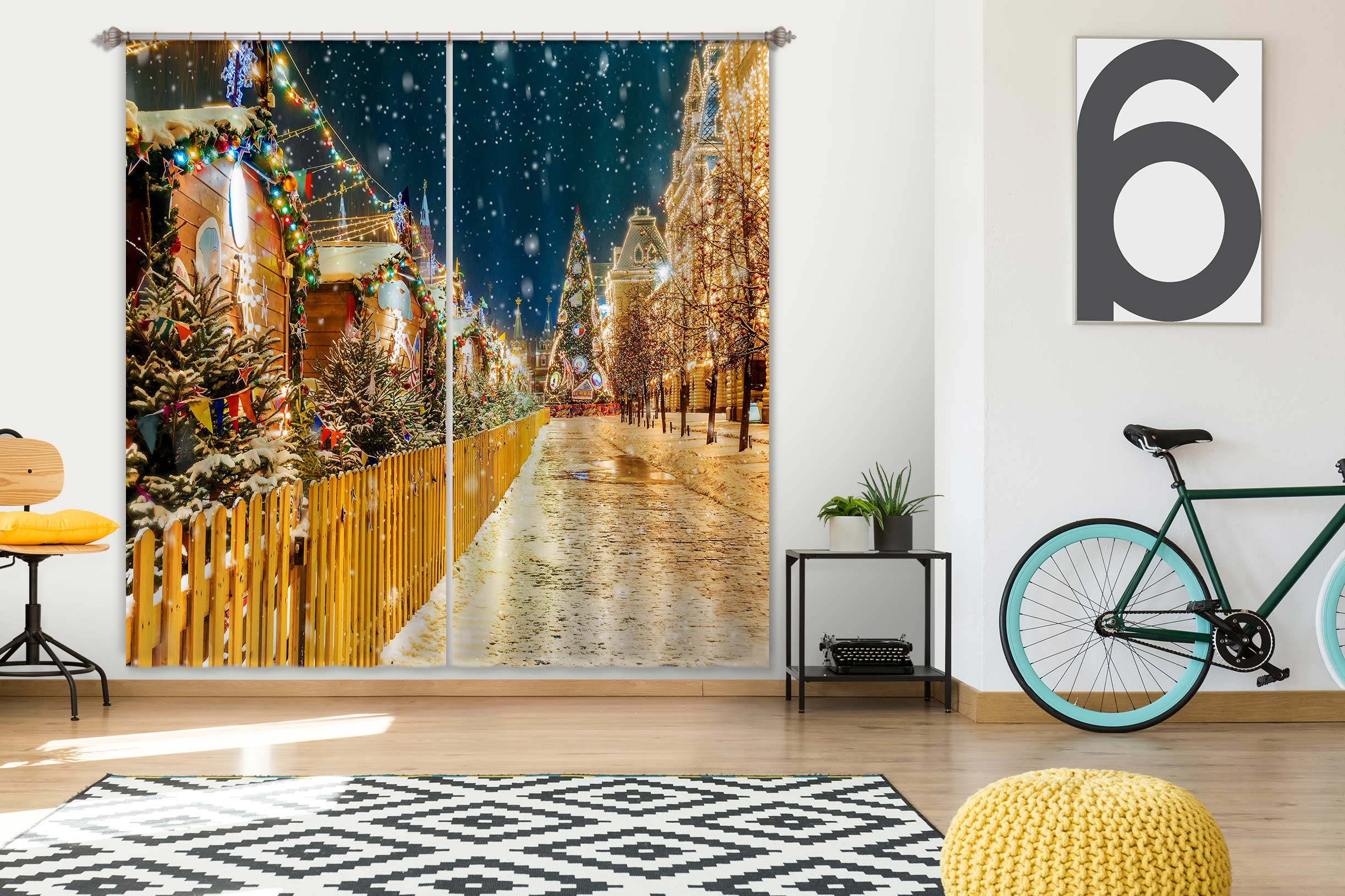 3D Street Tree Snowing 52055 Christmas Curtains Drapes Xmas