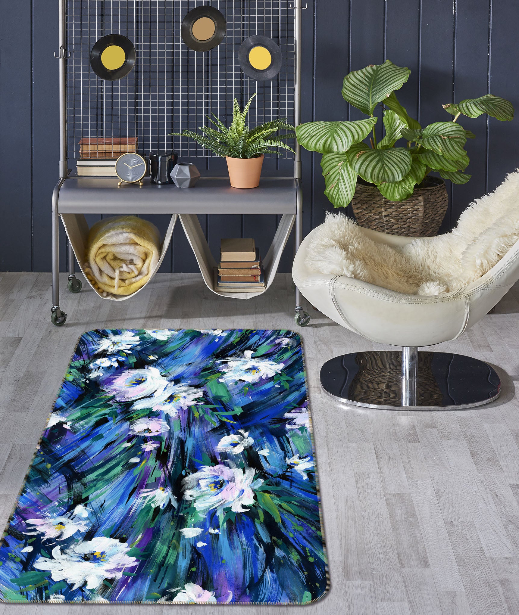 3D Blue Flowers 26191 Non Slip Rug Mat
