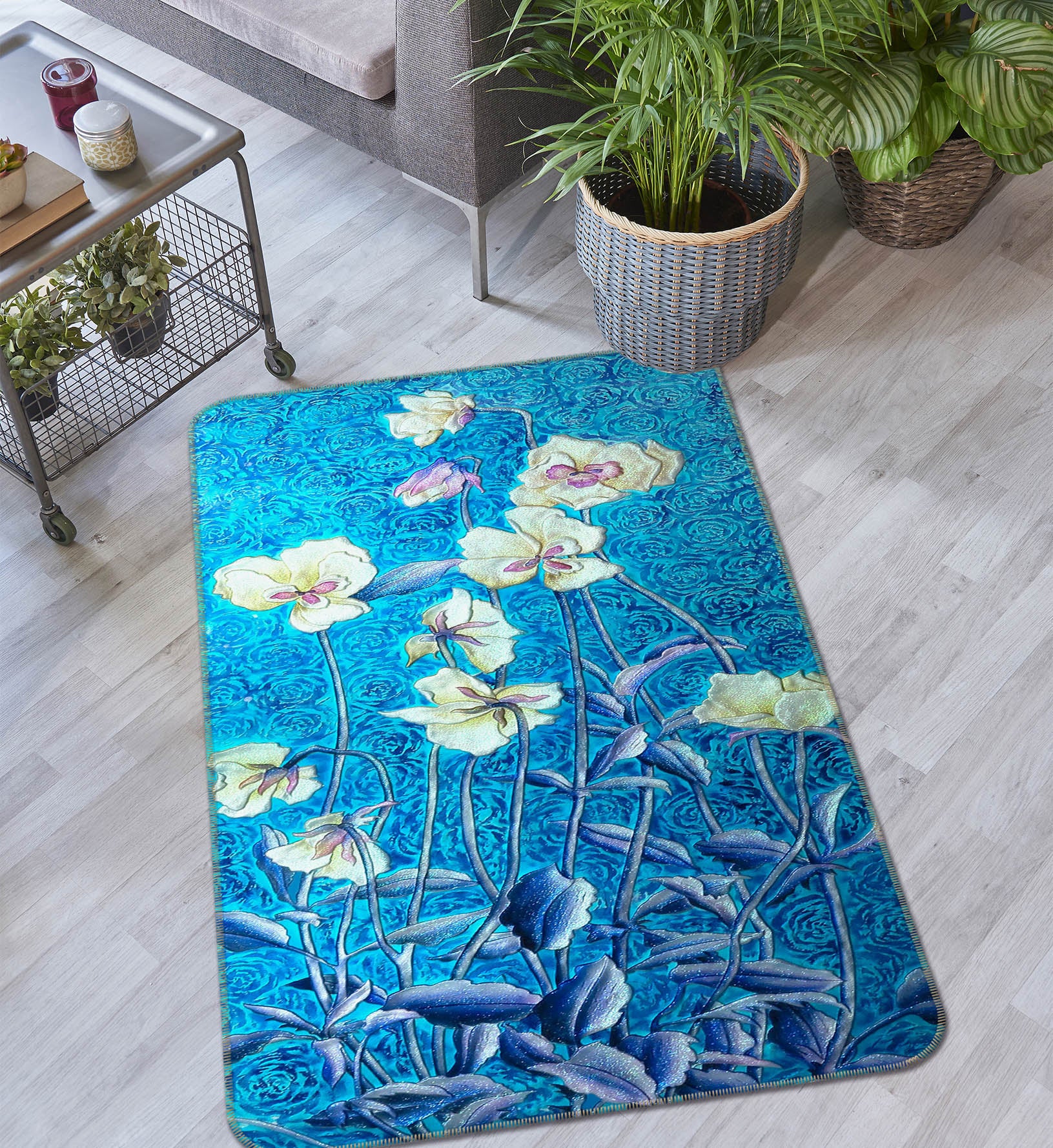 3D Blue Flowers 32212 Non Slip Rug Mat