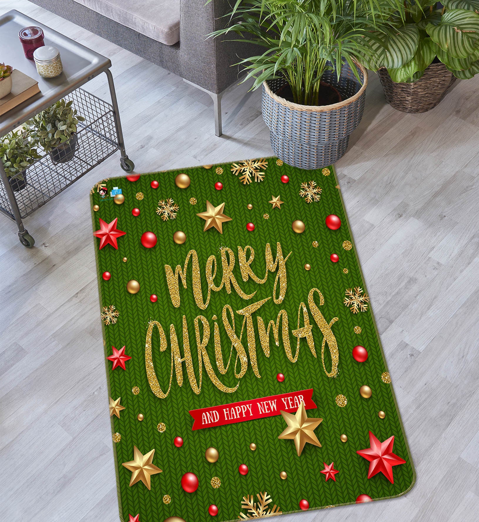 3D Green Background Star 55145 Christmas Non Slip Rug Mat Xmas