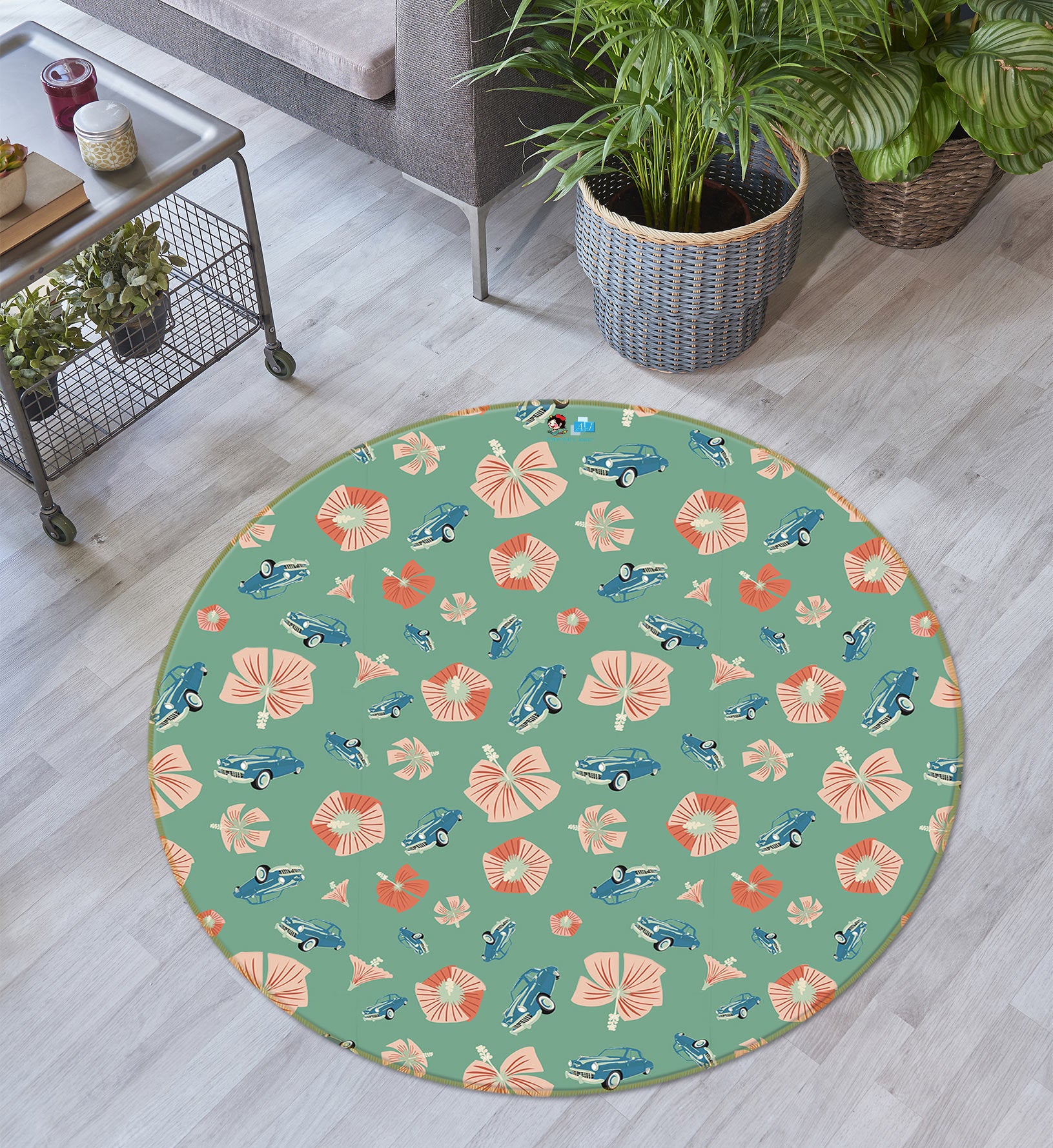3D Blue Car Pink Flowers 9893 Kasumi Loffler Rug Round Non Slip Rug Mat