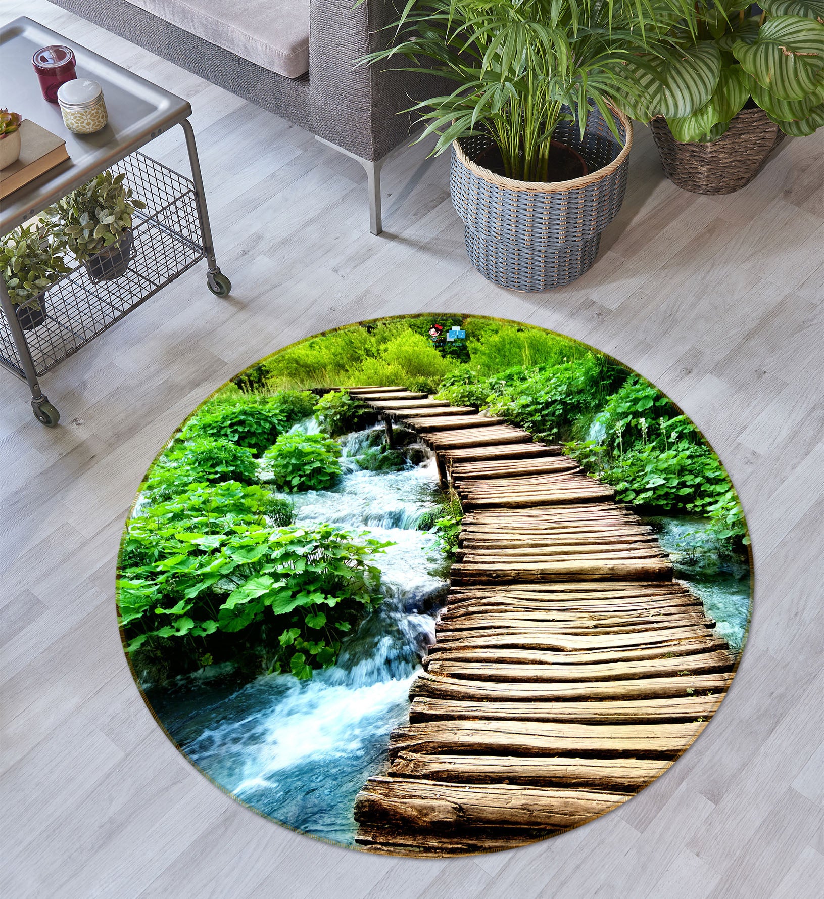 3D Wooden Bridge Grove River 74053 Round Non Slip Rug Mat