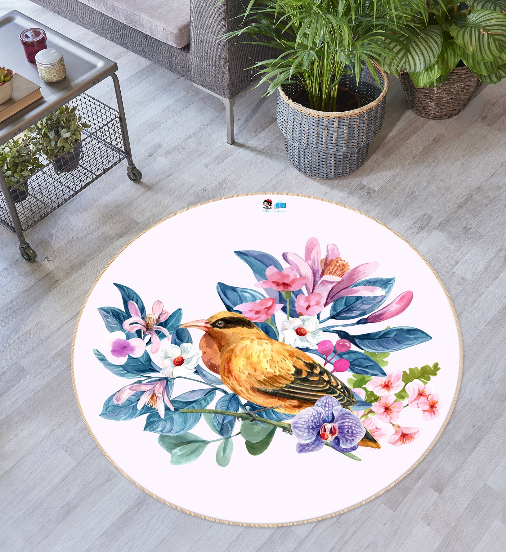 3D Flowers Bird 74238 Round Non Slip Rug Mat