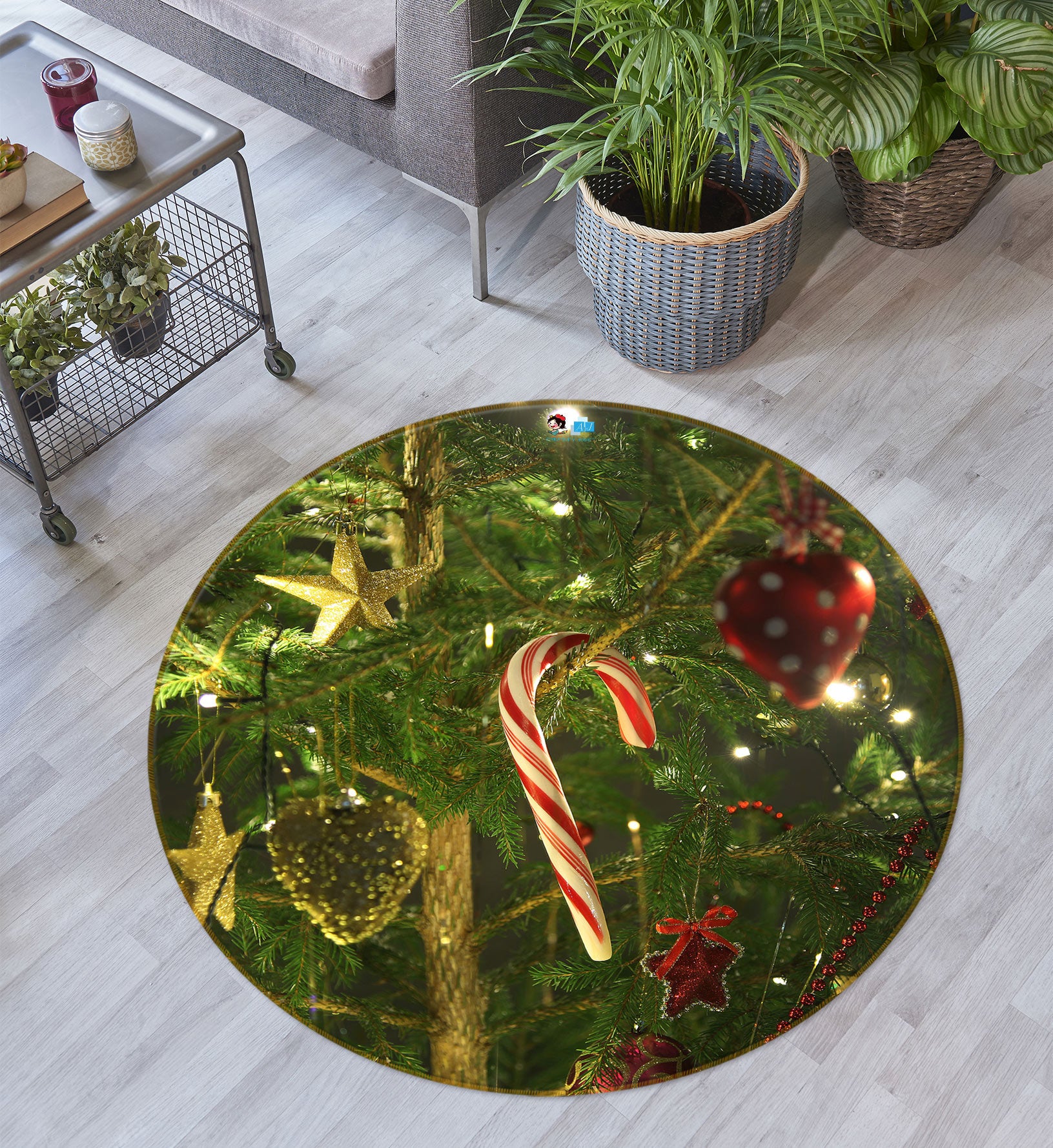 3D Candy Cane Ball Pendant 54011 Christmas Round Non Slip Rug Mat Xmas